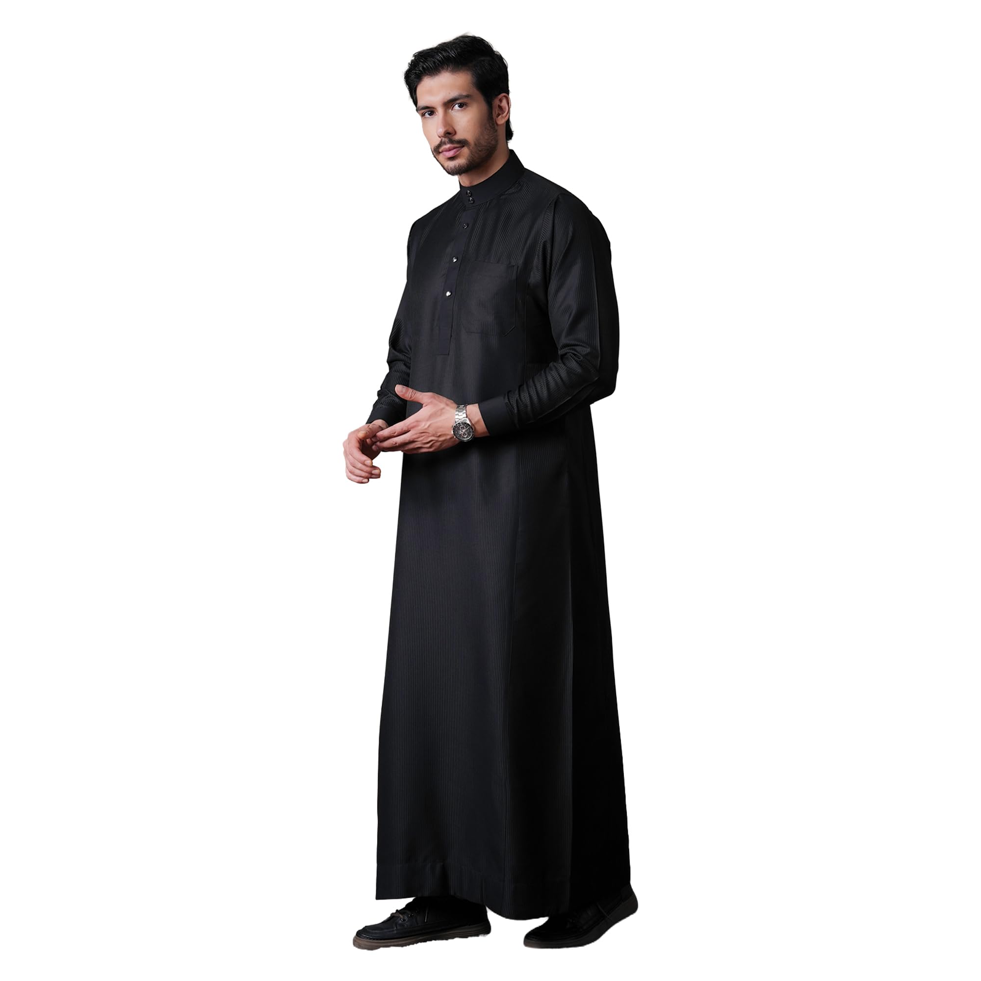 mashroo Oz Premium Striped Black Saudi Thobe Jubba for Men-picture-0