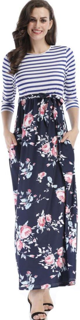 Women's 3/4 Sleeve Striped Floral Casual Max Dress Blue XL