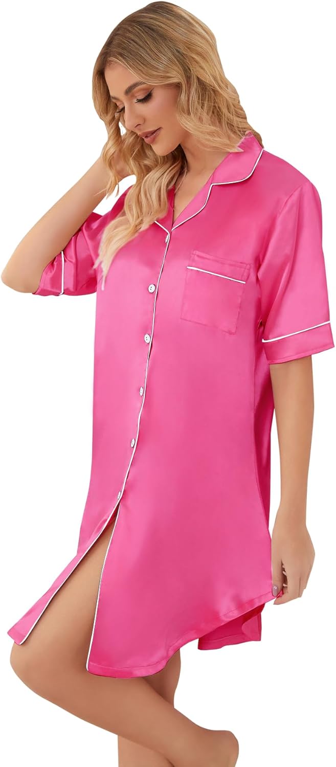 Schbbbta Girls & Women Silk Nightgown, Short Sleeve Button Down Satin Nightshirt Pajama House Dress, 3 Years- Women 2XL - Image 5