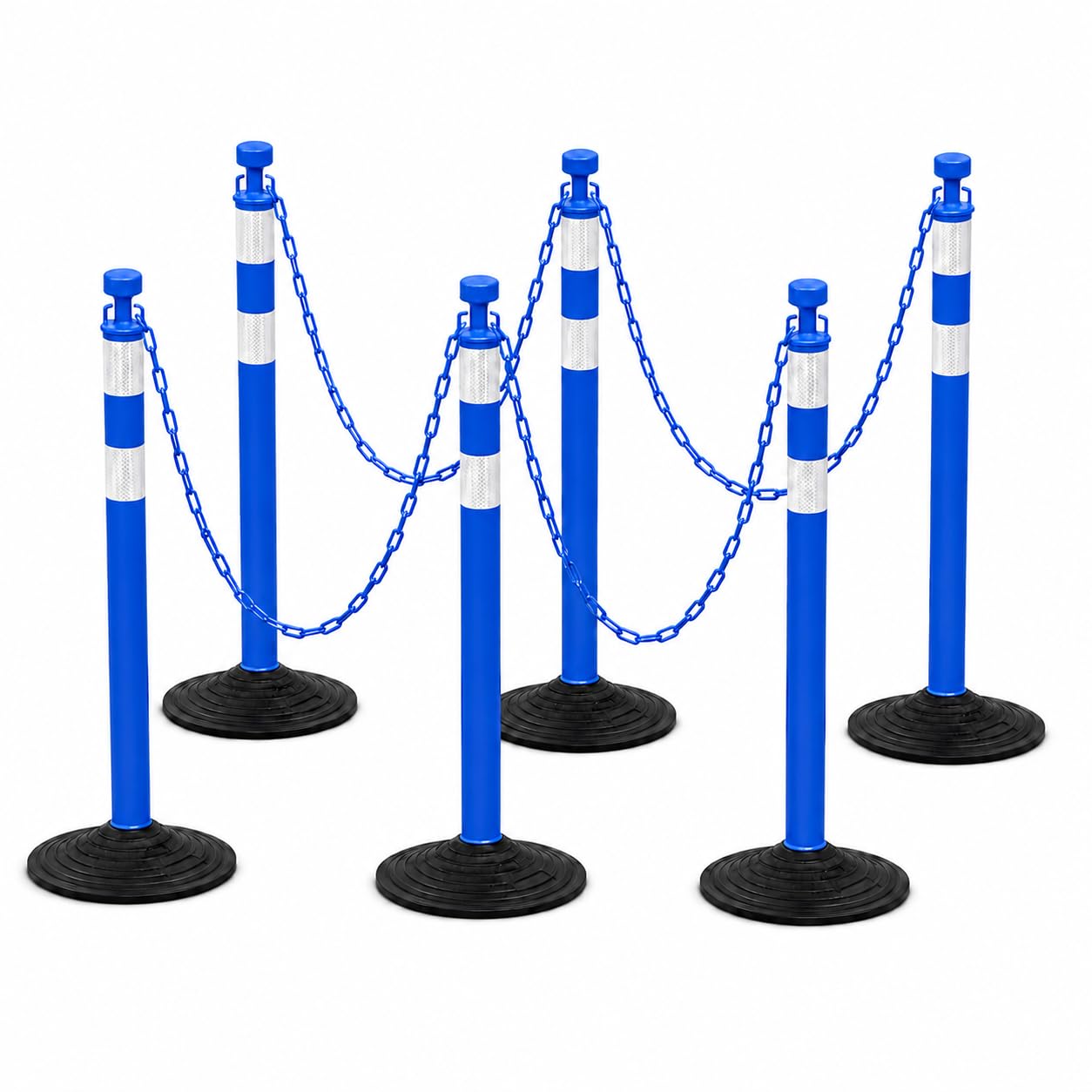 Set de 6 postes de seguridad de 99,6 cm con cadenas de plástico de 2 m, portátiles, para delimitación de áreas, obras, parkings y eventos (Azul y blanco)