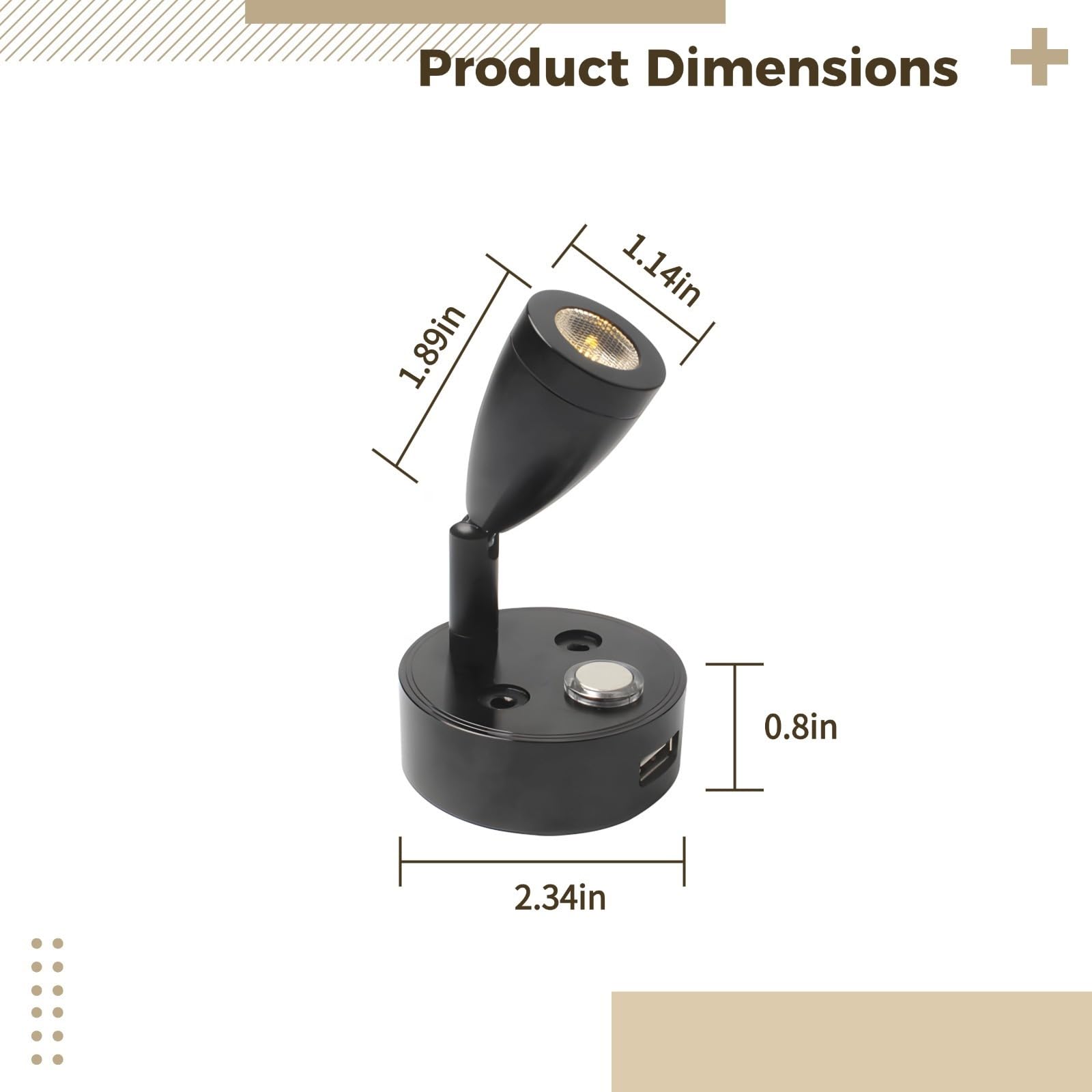 12V Led Rv Reading Lights, 2 Pcs Wall-Mounted with USB Charging, 3-Color Dimmable Touch-Control Lamp for Boat, Caravan