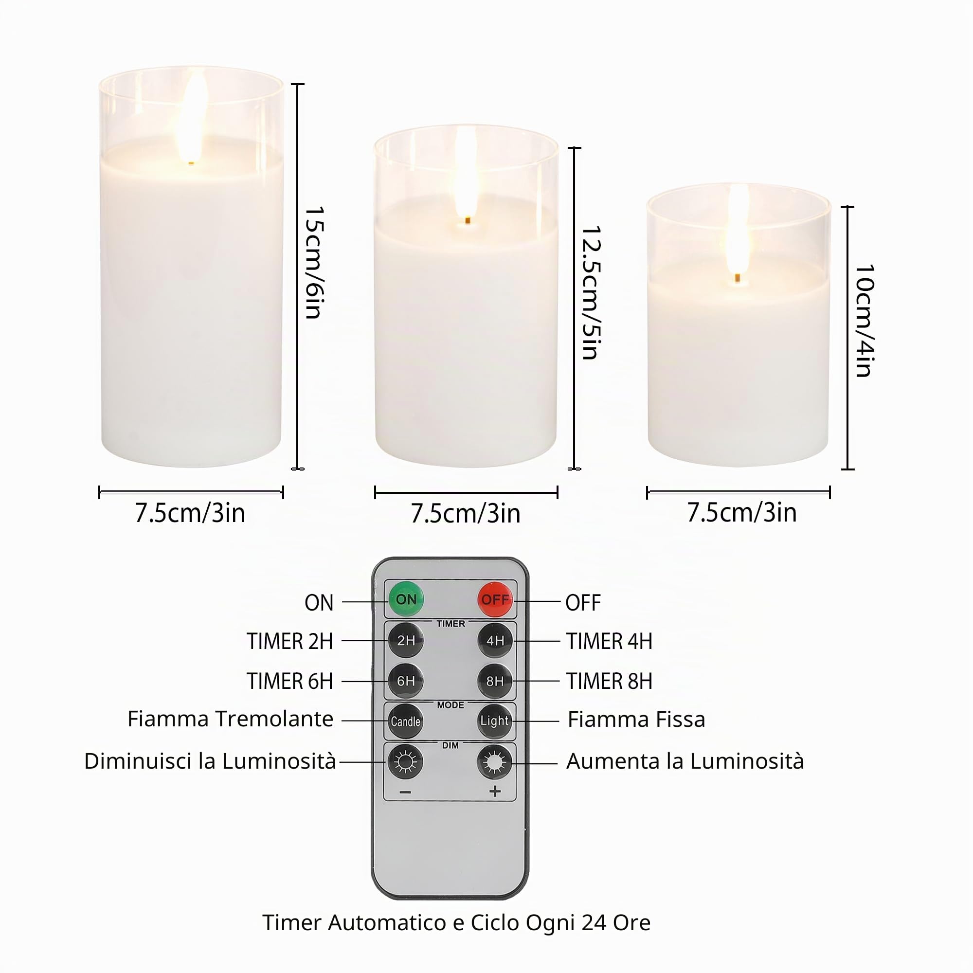 JHY DESIGN Candele LED senza fiamma in vetro, Set da 3, Fluttuanti, con timer di 6 ore, telecomando, per matrimonio, soggiorno (Testa di fiamma)