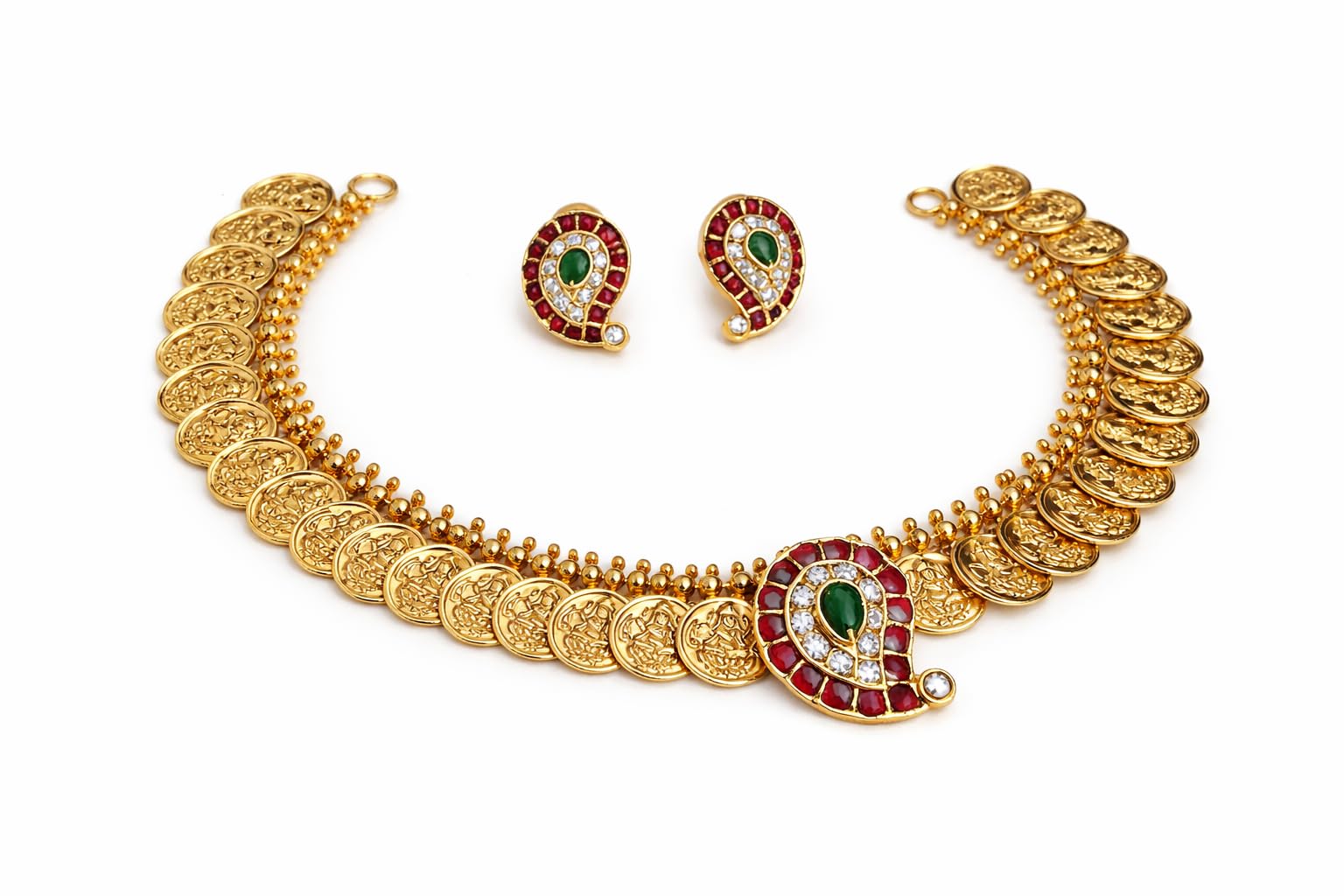 visaga aura Lightweight Traditional South Indian Gold Plated Coin Choker Necklace Set with Kemp Stones & Matching Mango Earrings | Premium Temple Jewellery Bridal Choker | Antique Finish Ethnic Jewellery for Girls & Women-picture-30