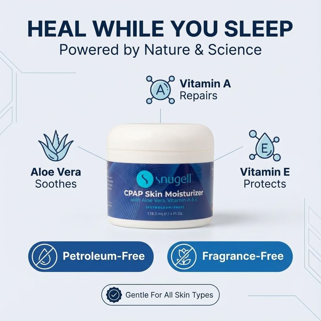 Snugell Hidratante para la piel CPAP | Crema facial diaria con aloe vera y vitamina A y E | Sin petróleo | Diseñado especialmente para usuarios de CPAP | 4 onzas líquidas Onz.
