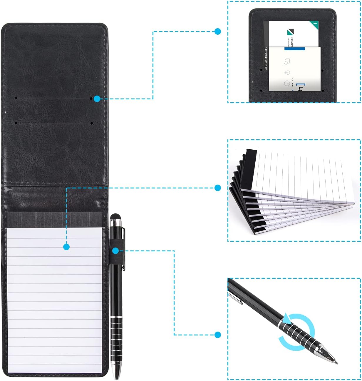 WXJ13 10 Pieces Mini Pocket Notepad Holder Set Included with 50 Lined Sheets, Metal Pen and 8 Pieces 3 x 5 Inch Memo Book Refills with 30 Lined Paper Per Note Pad, Black