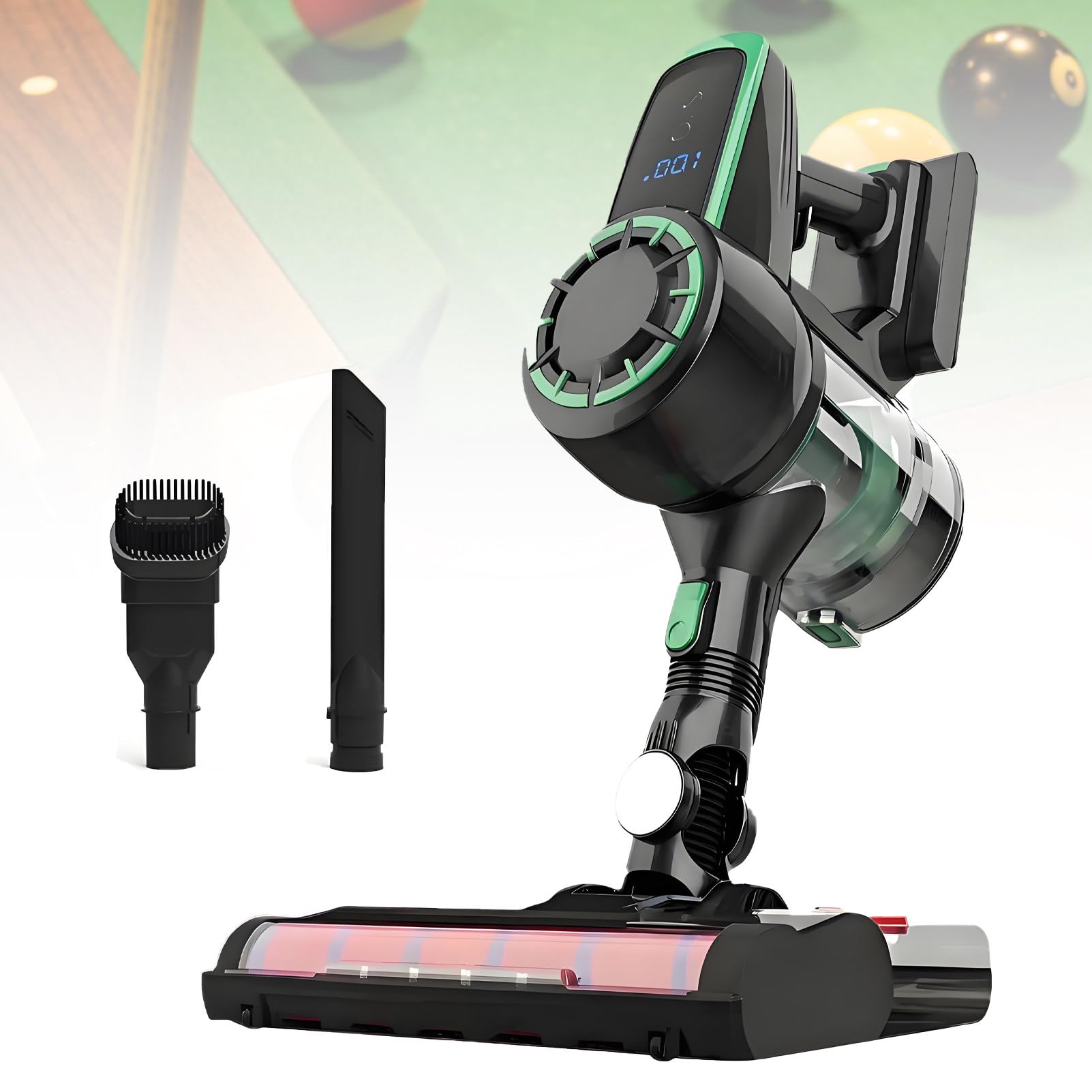 Aspiradora inalámbrica para paños de Mesa de Billar con Cabezal de Cepillo Ancho y Boquilla para Ranuras, 240 W de succión de 22 kPa para rieles y troneras, batería de Litio extraíble. Green