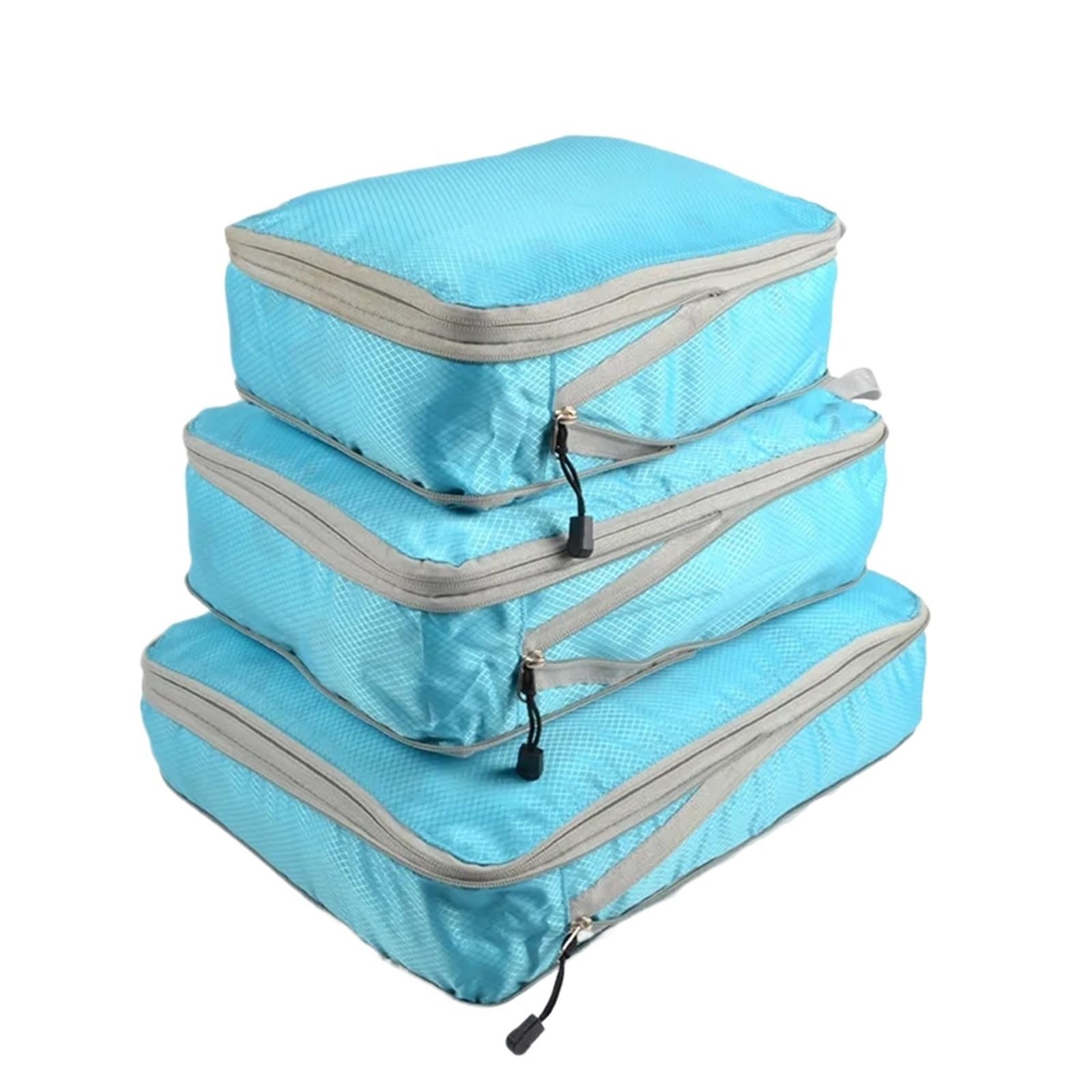 3 Pieces Compressible Packing Travel Storage Bag Cubes Waterproof Suitcase Nylon Portable With Handbag Luggage Organizer for Suitcases(Lattice sky blue)