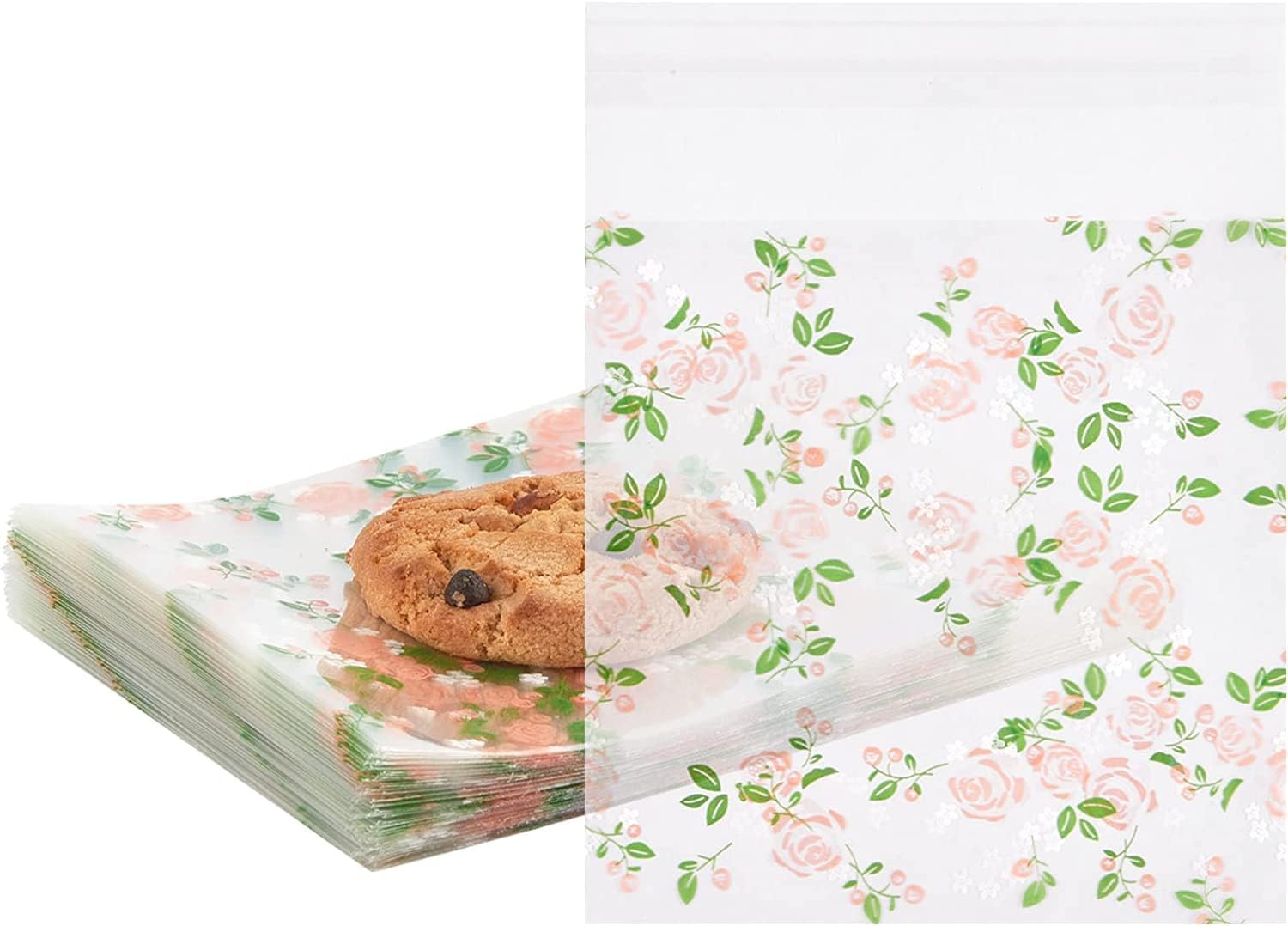Self Adhesive Cookie Bags, 100Pcs Clear Treat Sealable Candy Packaging for Cookies, Bakery, Party Favor, Gift Giving, Jewelry (Floral Rose, 3.9 x 3.9")