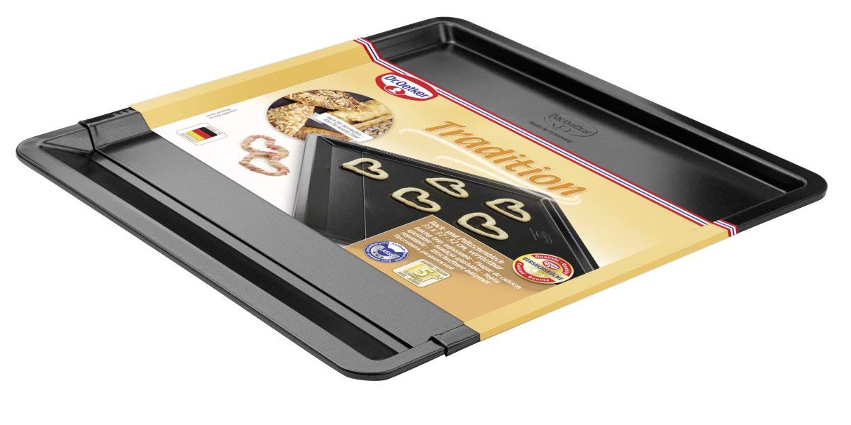 Dr. Oetker Teglia Rettangolare Estensibile 37-52x33x1,5 cm, con Sistema di Bloccaggio Automatico,Carbon Steel con Rivestimento Antiaderente Classic Temp Max 230°C, Linea Tradition