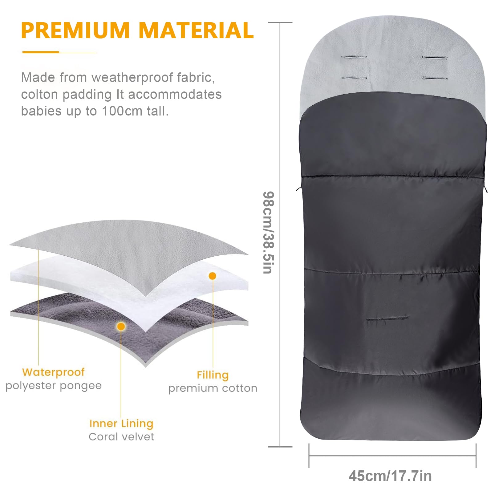 Universal Footmuff for Stroller,Warm and Cozy Pushchair & Pram Footmuffs,Waterproof and Windproof Footmuff with Coral Fleece Lining,Universal Cosy Toes Fits Most Buggies and Strollers (Grey) - Image 2