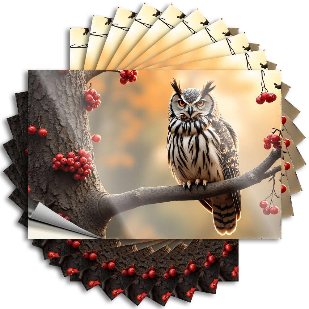 Cool Wall Decor Stickers - Fluffy Summer Wall Owl Perched On Branch with Red Berries(8X12CM)