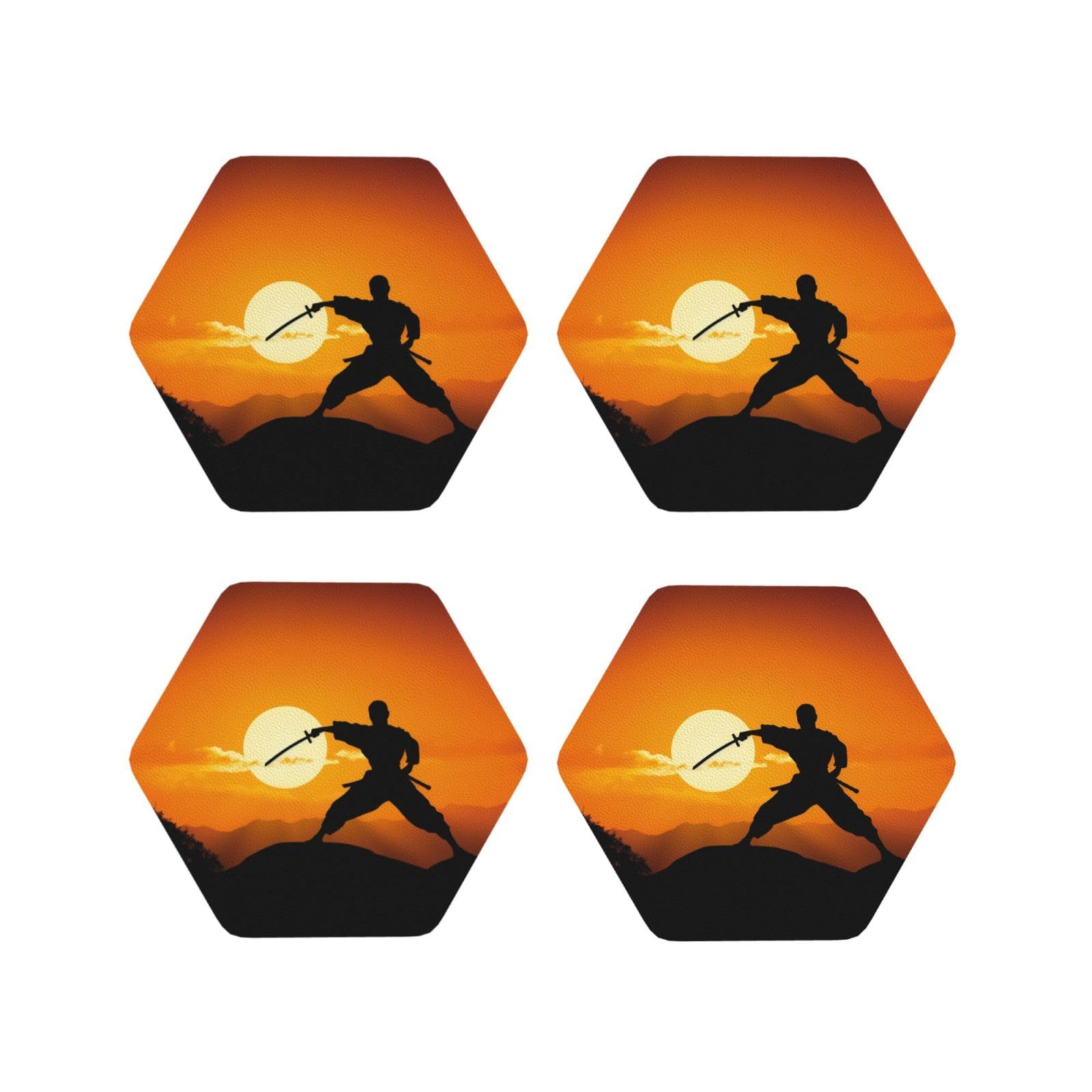 4Pcs PU Leather Coaster for Drinks, Sun Karate Silhouette Cup Coastersr 4" Cup Mat Pad, Aesthetic Drink Coasters for Coffee Table, Hexagon Coaster for Tabletop Protection