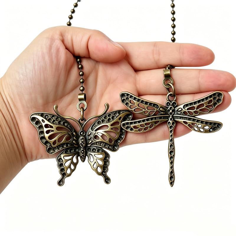 Image of 2Pcs Dragonfly and Butterfly Ceiling Fan Pull Chain, 14inch Fan Light Extender Pendant Ornaments Extension,Bronze Pull Chain