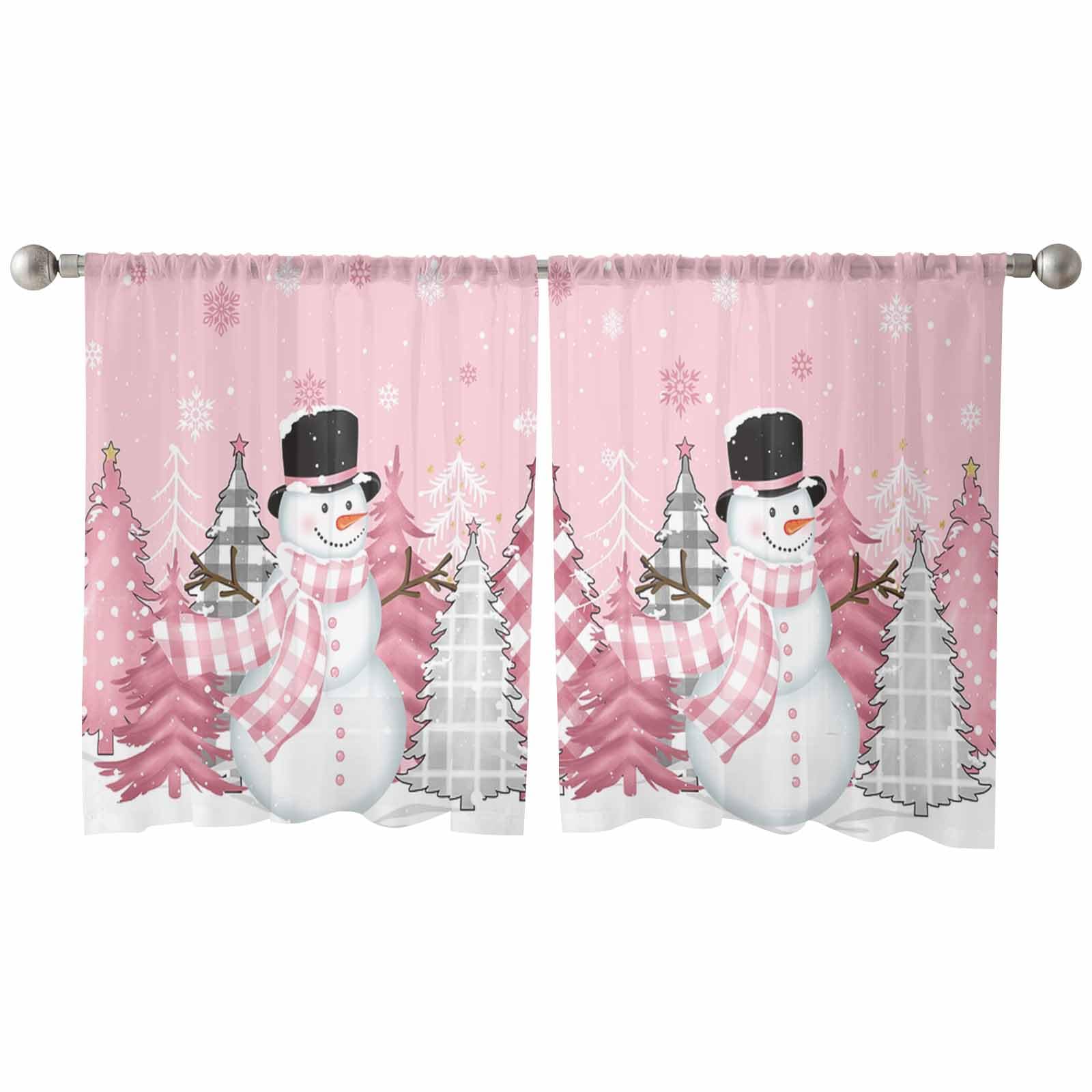 Christmas Snowman Sheer Curtains 45 Inches Length Pink Voile Curtains Pink and Grey Xmas Tree Snowflake Rod Pocket Semi Sheer Window Curtain for