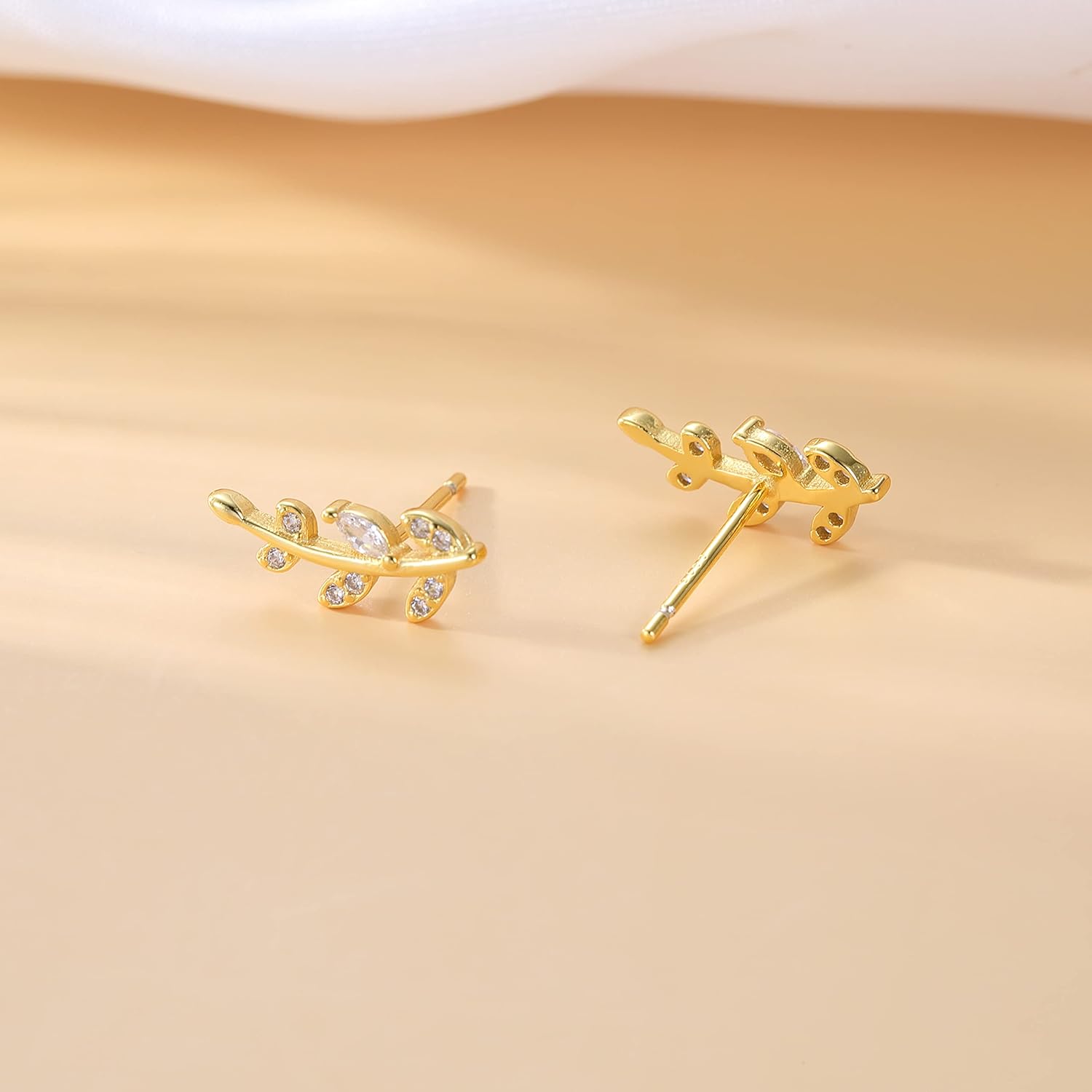 Reffeer Solid 925 Sterling Silver Leaf Crawler Stud Earrings for Women Teen Girls Crystal Leaf Stud Earrings - Image 6