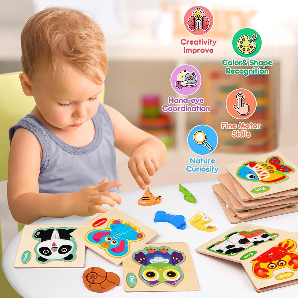 Holzpuzzle Für Kinder – 6 Tierische Steckpuzzle Aus Holz, Für Kleinkinder Ab 1-3 Jahren
