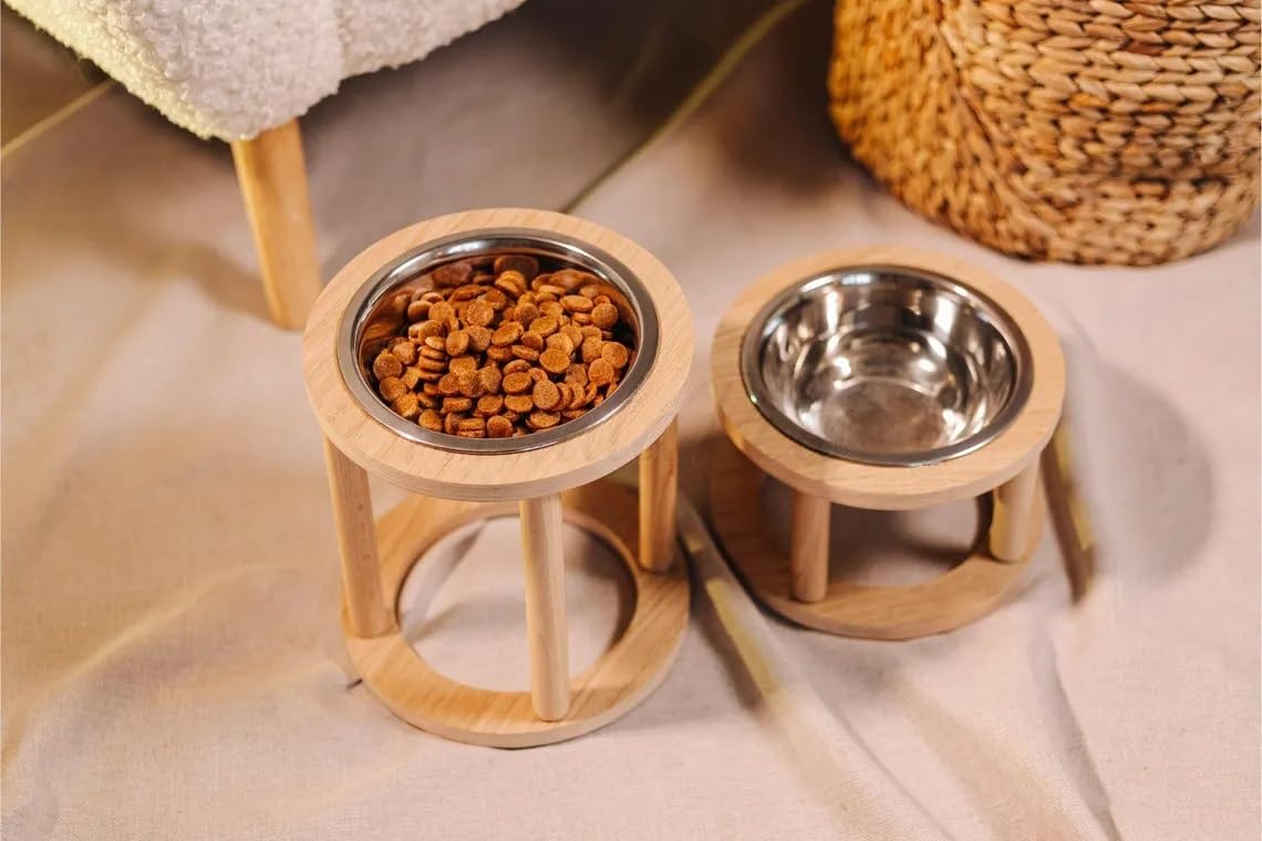XSOURCE Cuenco elevado de madera para gatos con inserto de acero inoxidable, soporte elevado para gatos y perros pequeños, antivómitos, diseño ergonómico, base antideslizante