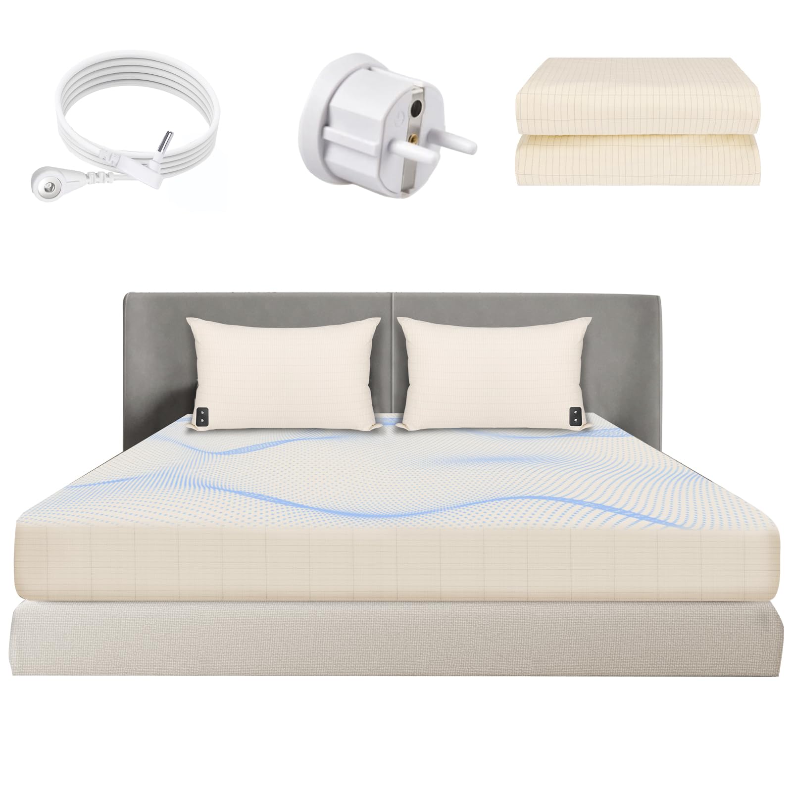 HUNAIGEE Erdungsbettlaken 100x200cm Erdungs-Spannbetttücher Erdungsbettuch mit EU Erdungskabel Gesundheit 95% Bio-Baumwolle 5% Silberfase Erdungsprodukt für Besseren Schlaf Beige