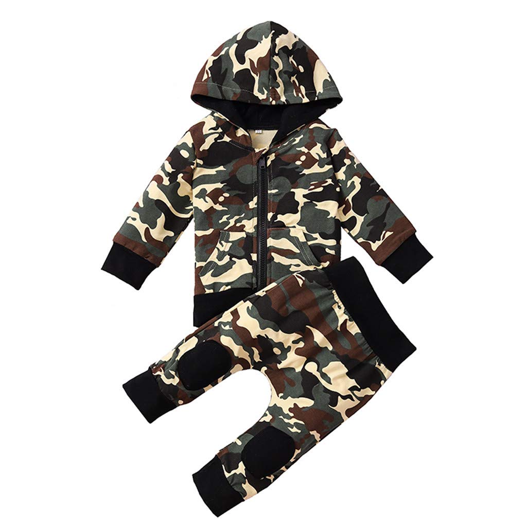 Hefine 2pcs Newborn Boys Outfits Set,Camouflag Print Hoodie Long Sleeve Zip with Pocket T-Shirt Tops Sweatshirt +Pants Clothes Tracksuit Suit for 0-24M Infant Baby