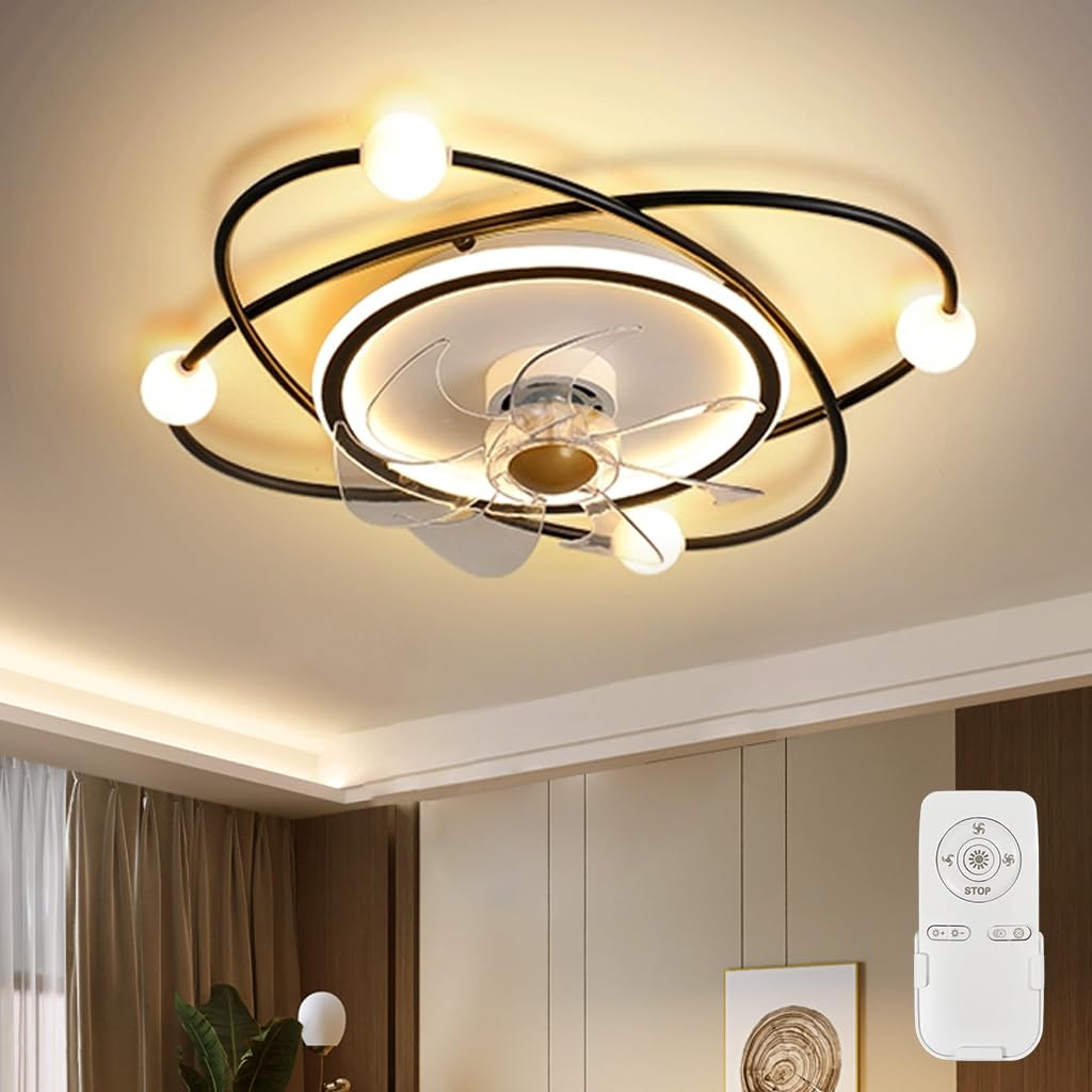 RRBEST Modern Ceiling Fan with Lighting,58CM Dimmable LED Ceiling Light with Fan,48W Timer Ceiling Fan with Lamp for Living Room Bedroom Dining Room (Black)