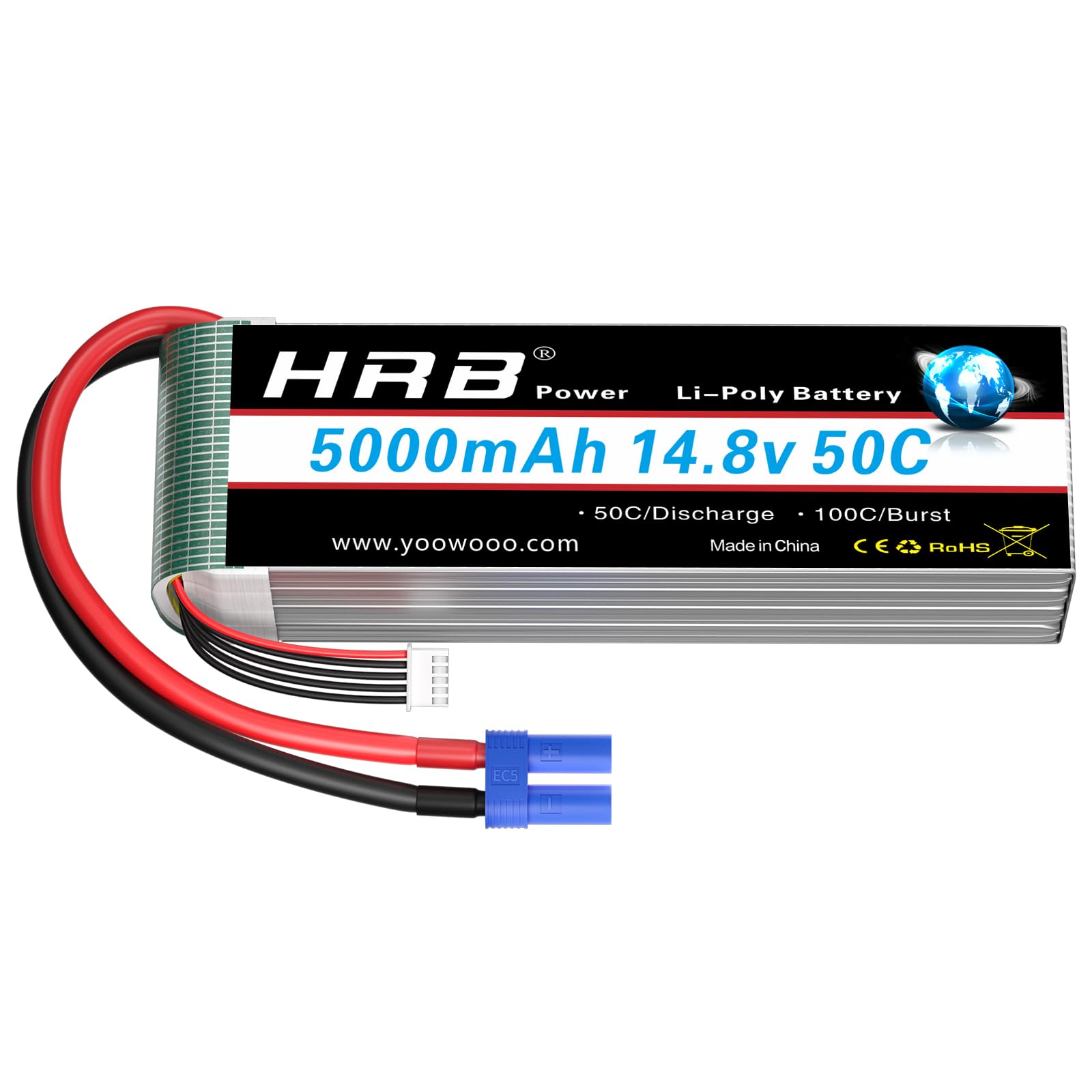 HRB 4S Lipo Battery EC5 5000mAh 14.8V 50C RC Lipo Battery Pack Compatible with RC Car Truck Quadcopter Airplane Helicopter Boat