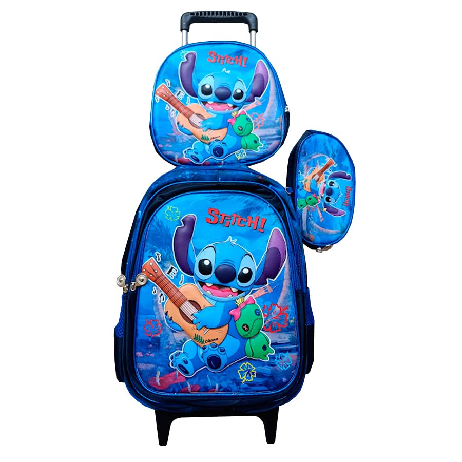 Kit Mochila Infantil Stitch em 3D com Rodinhas + Lancheira Térmica + Estojo Escolar em Alto Relevo