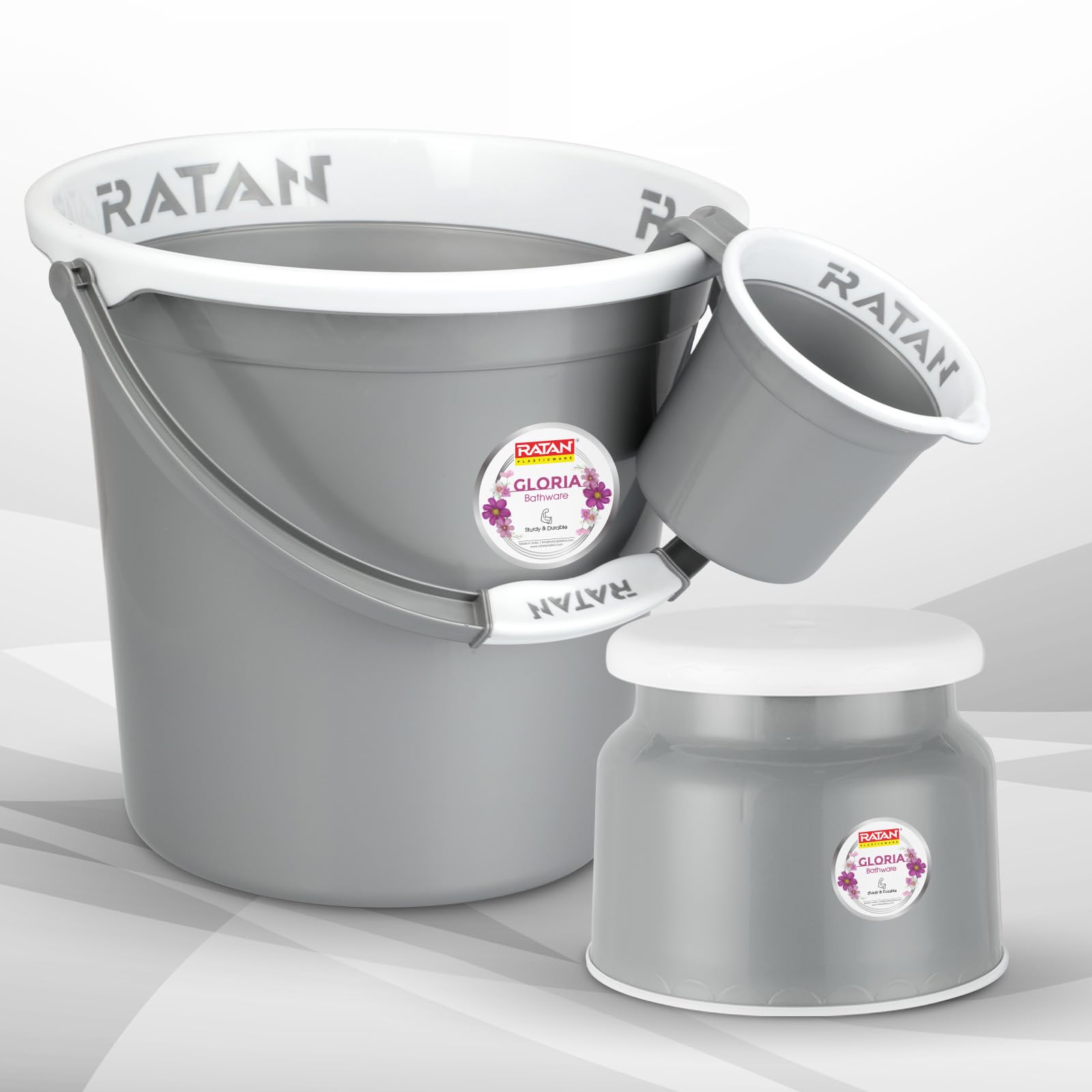 Plastic Bathroom Set of 3 Pieces Combo Pack Gloria Plain, 20 Liters Bucket + Nova Stool Patla 107 + Gloria Plain Bath Mug 1.5 Liters- NIR Silver-image-16