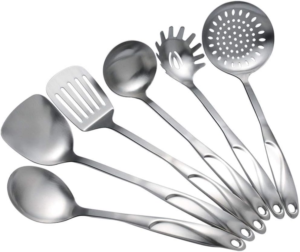 Kitchen Utensil Set – 6 Piece Stainless Steel Cooking Utensils Includes Slotted Spoon, Slotted Spatula, Large Spoon, Soup Ladle, Spatula