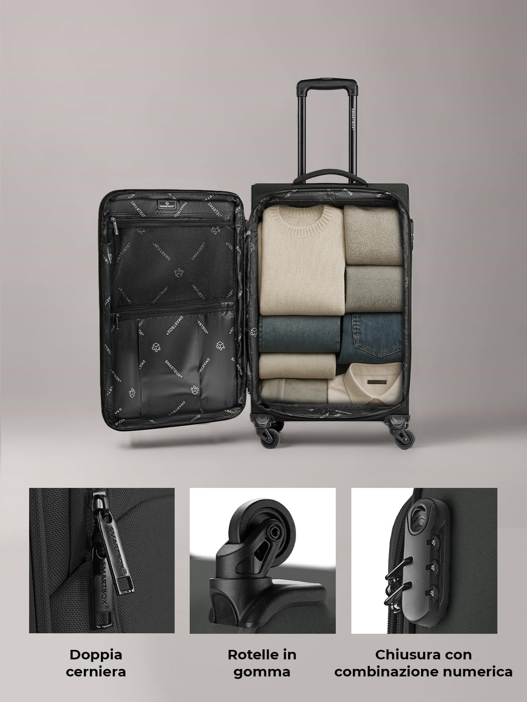 Smartbox valigia media morbida 67 cm trolley da stiva espandibile 4 ruote con lucchetto leggera 3,1 kg Edition 04