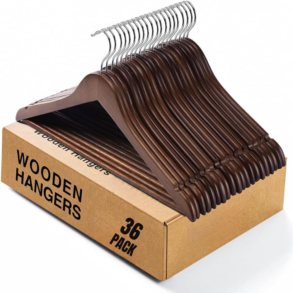 STAR WORK Cherry Wooden Wardrobe Storage Suit Hangers - Premium Wood With Notches & Chrome Swivel Hook For Dress Clothes, Coats, Jackets, Pants, Shirts, Skirts (36 Count) discount deal