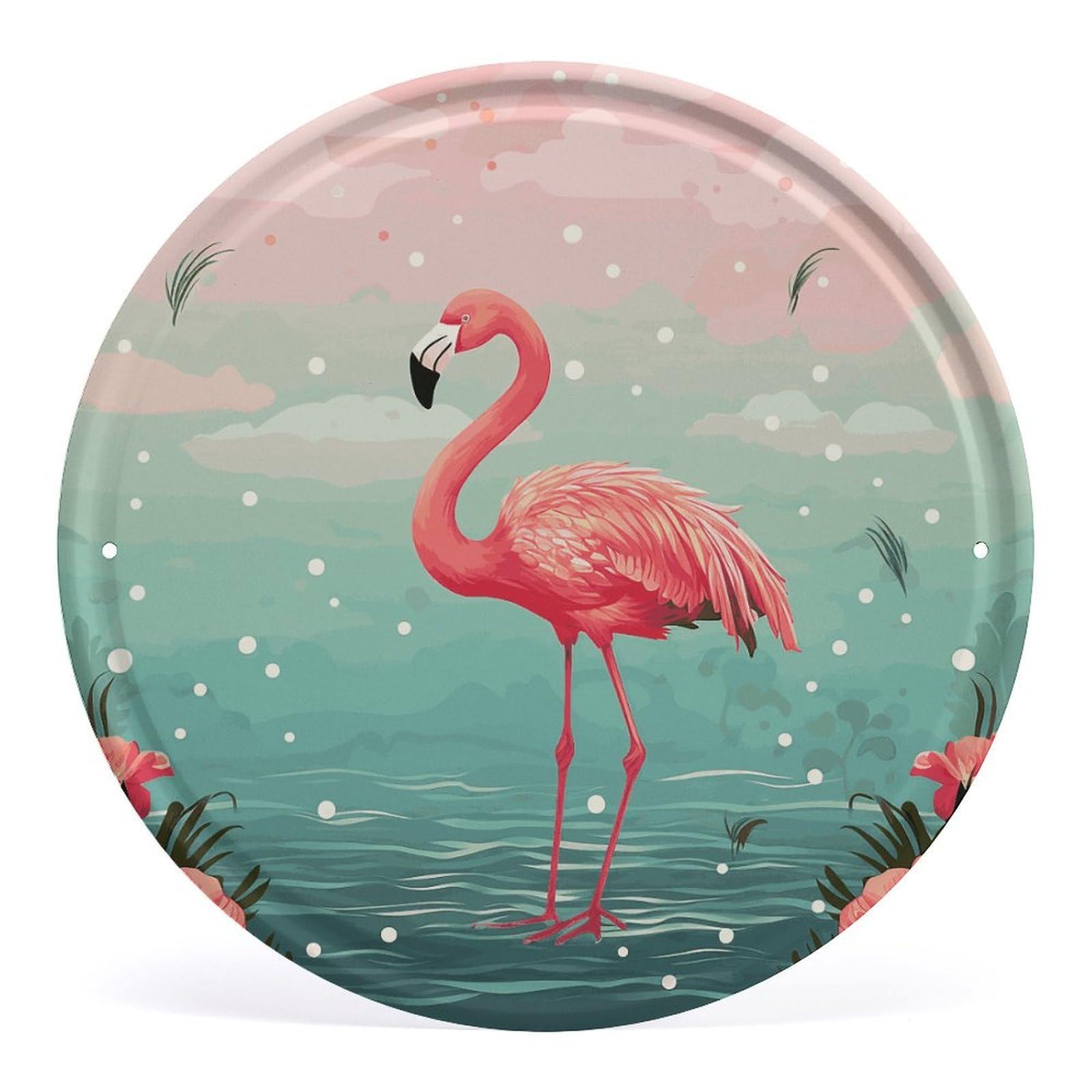 Fodpand Style Flamingos Round Wall Art Hanging Decorations, Wall Decor Modern Minimalist Artwork, Tin Sign Hanging Picture For Living Room, Bedroom, Office, Hallway, 11.8X11.8 Inch