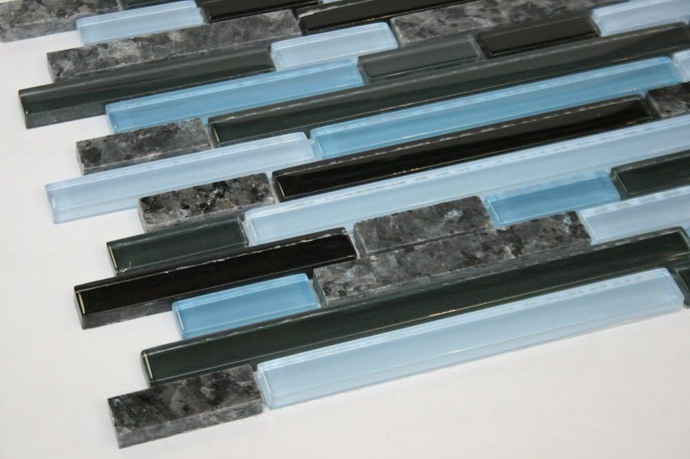 Tenedos Random Brick Pattern Glass Wall Tile (Black, Gray & Blue Glass with Blue Pearl Granite)