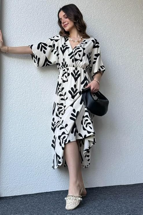 Image of Women's Summer Midi Dress - Floral Print V-Neck Casual Loose Fit Beach Dress with Short Sleeves and Elastic Waist 100% Cotton, Black and White