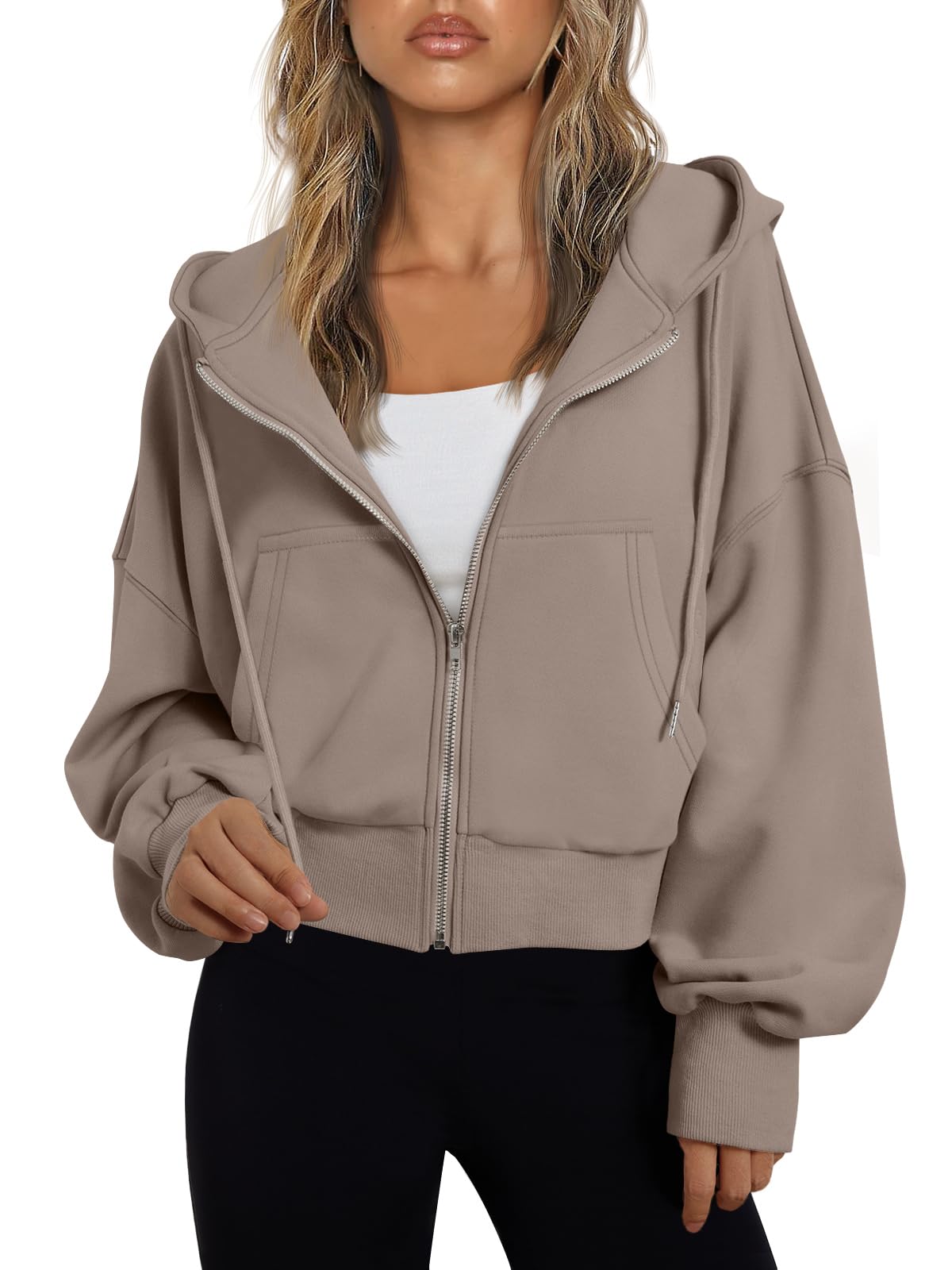 Trendy Queen Hoodies for Women Full Zip Up Cropped Sweatshirts Jackets Casual Comfy Gym Tops Fall Outfits Winter Clothes 2026 Cute Y2k Fleece Sweaters Teen Girls Pullover CoffeGrey M