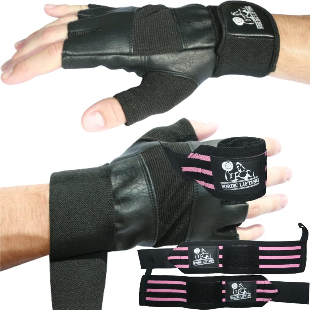 Nordic Lifting Gym Gloves Large - Black Bundle with Wrist Wraps 1p - Pink
