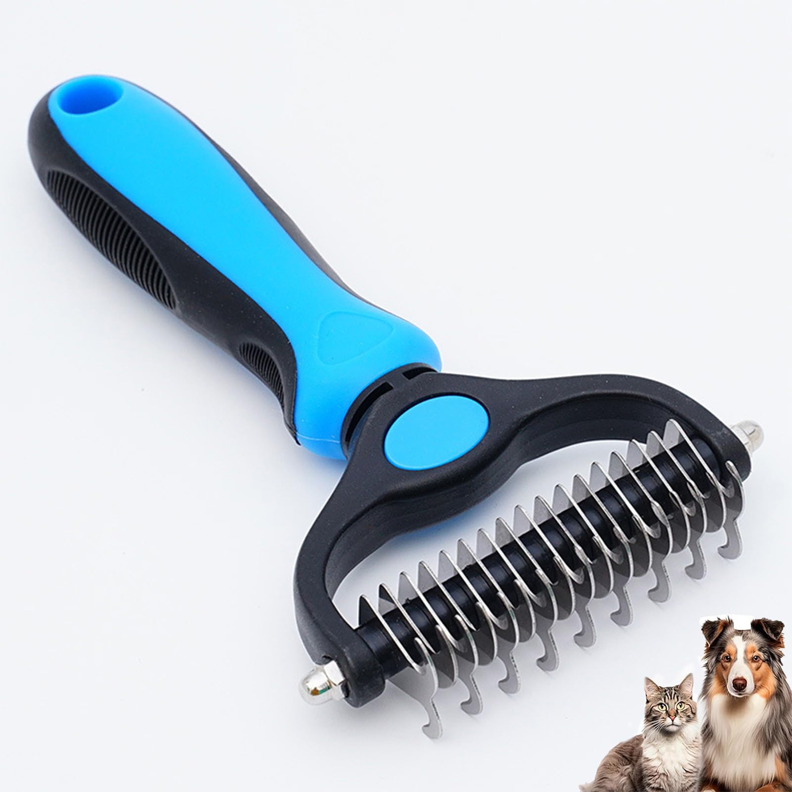 Pet Pro Grooming Tool, Double Sided Undercoat Rake for Dogs & Cats, Professional Deshedding Brush and Dematting Tool for Long & Short Hair Fur (blue-l)