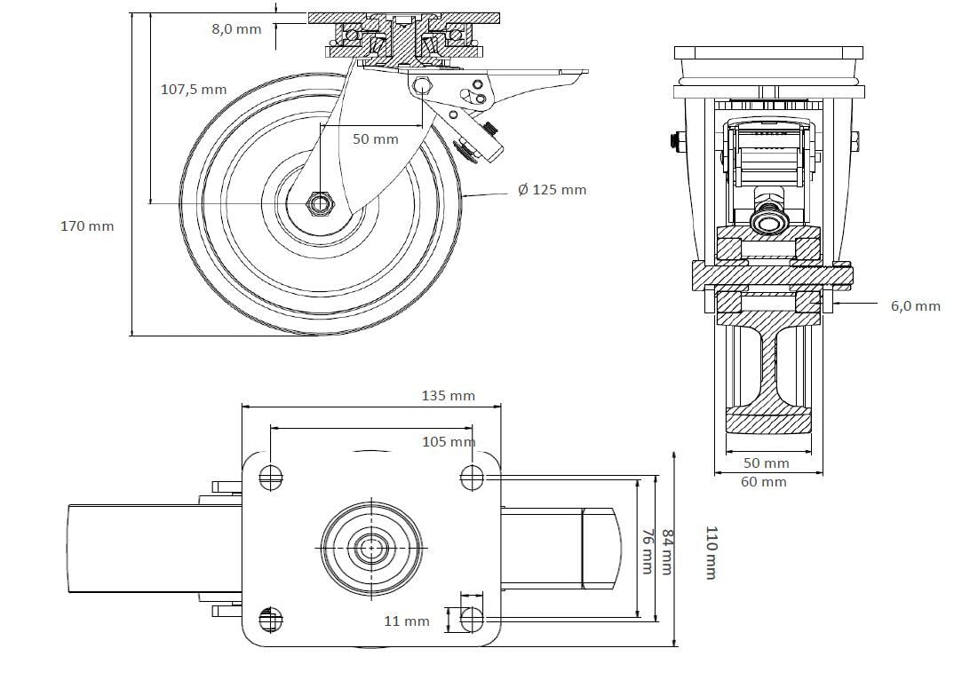 Lenkrolle mit Bremse im Vorlauf Durchmesser 125 mm - Serie I2U5 Doppelkugellager