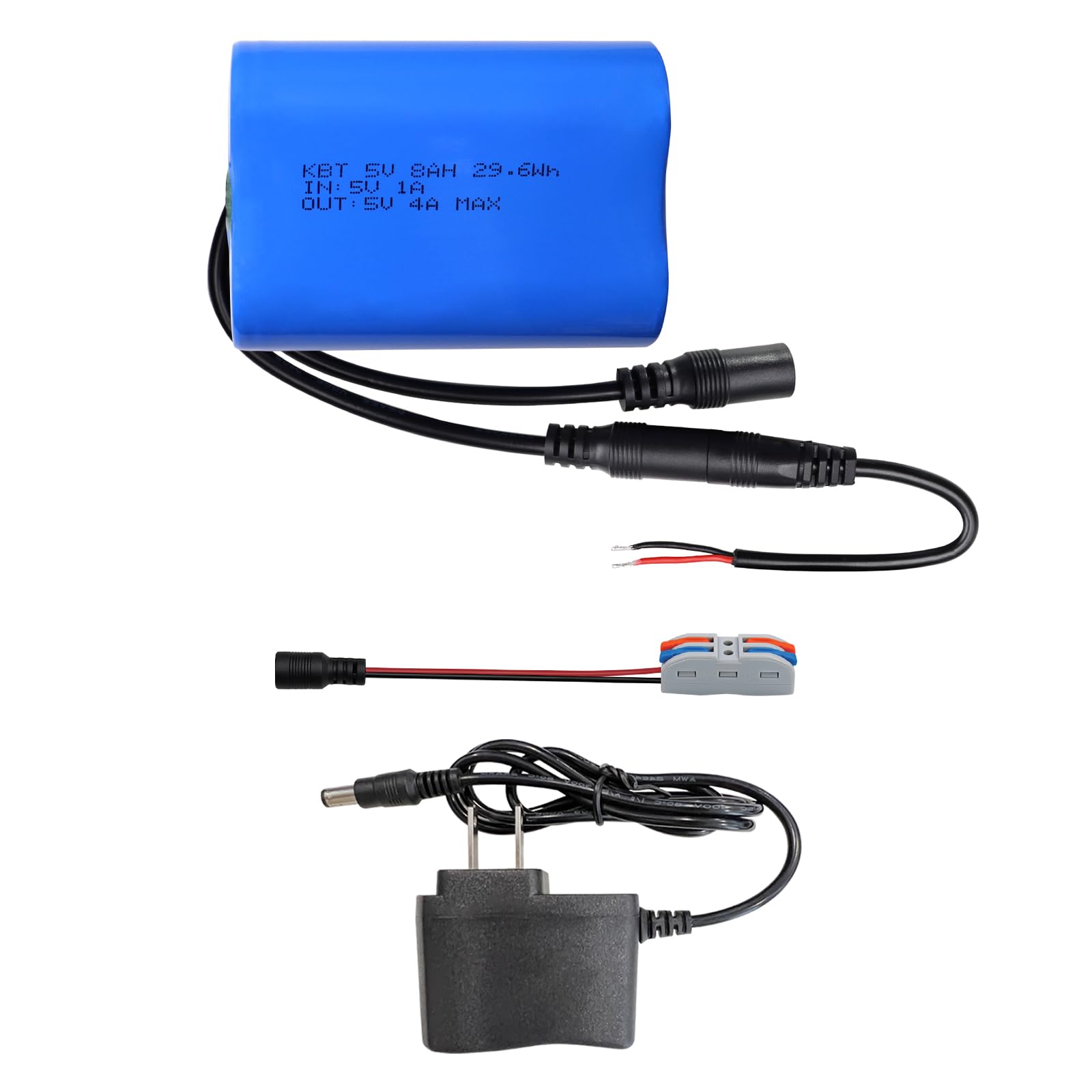 KBT 5V 8Ah Battery Pack with DC5521 Connector & 5V Battery Charger Compatible with 5 Volt Devices Heated Vest, Heated Jacket, RC Car, Robot, DIY, LED Light Strip