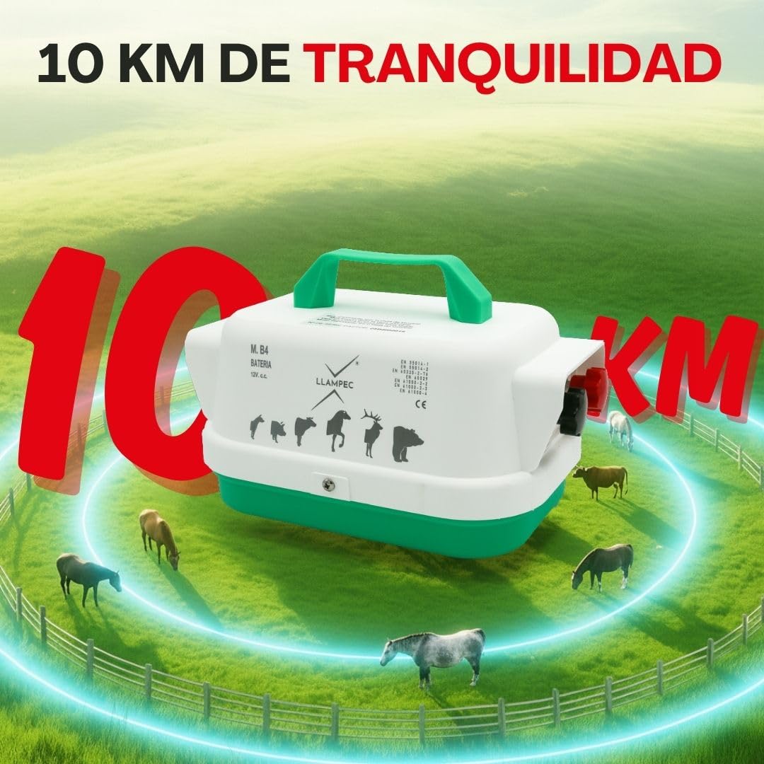 Llampec Pastor Eléctrico Mixto B4 – 1,6 J - 9.500 V - 10 km de Alcance – Cerca eléctrica Para Perros, Caballos, Cerdos y Vacas – Compatible Red 230 V – Batería 12V no incluida - Fabricado en España