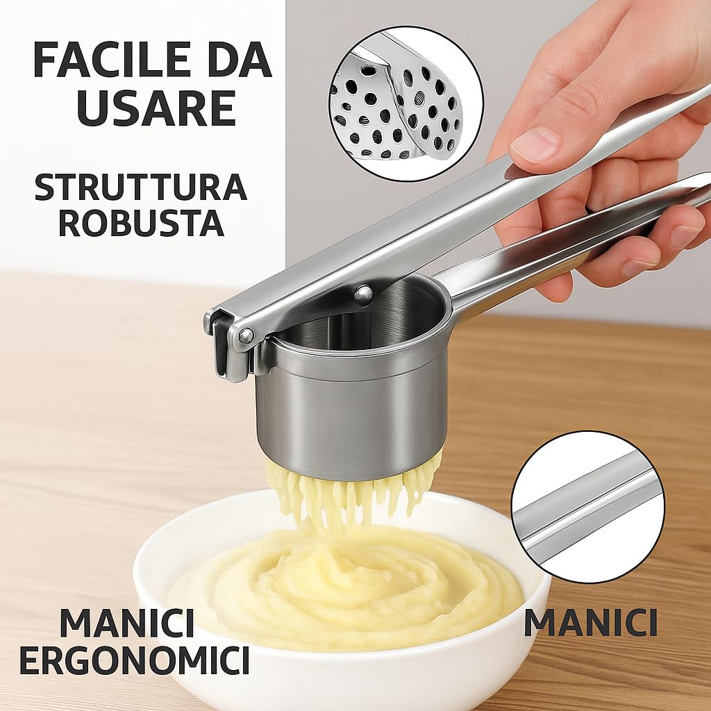 Schiacciapatate Manuale in Acciaio Inox 18/10 Passatella Professionale con Fori Ø 5 mm – Utensile Manuale Schiaccia passatelli da Cucina per Passatelli Patate Resistente Facile da Pulire