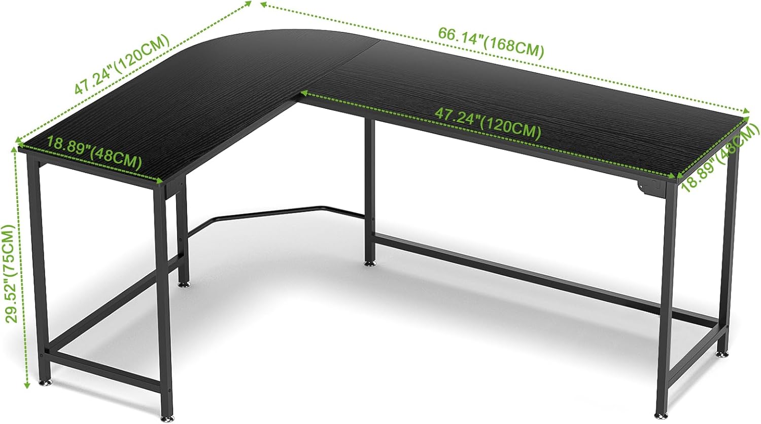 Diagram showing the dimensions of the Teraves REDBUD L-Shaped Desk