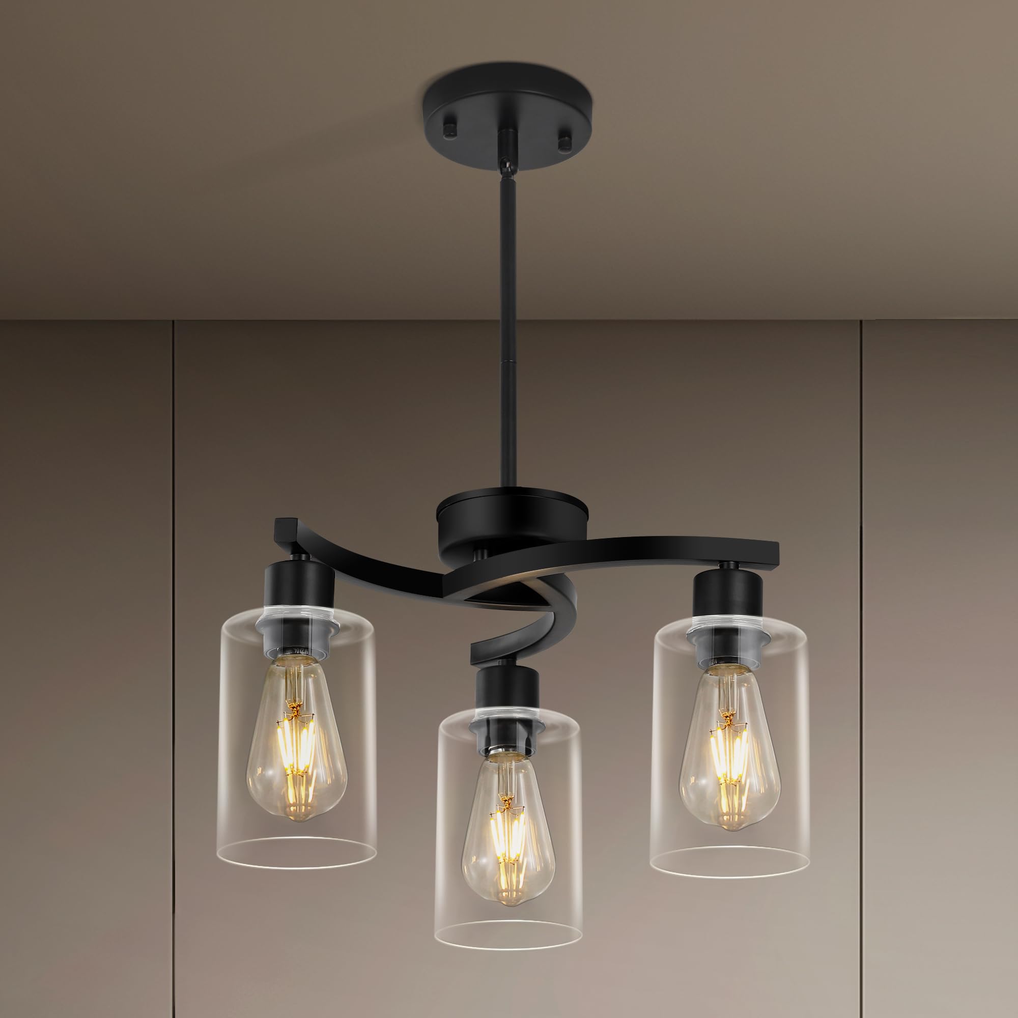 3 Light Modern Dining Chandeliers Over Table Black Light Fixture for Dining Room Farmhouse Chandelier with Glass Shade