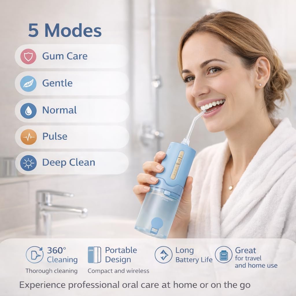 Wagner Stern Irrigador dental portátil, irrigador dental inalámbrico con 5 modos de presión, 4 boquillas de chorro, recargable por USB-C, IPX7 impermeable, modelo DF3400