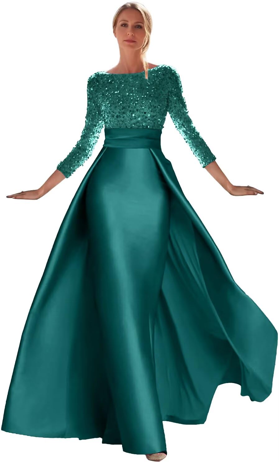 Long Sleeve Prom Dresses for Women Sequin Satin Boat Neck Mermaid Evening Gowns with Skirt BOF169