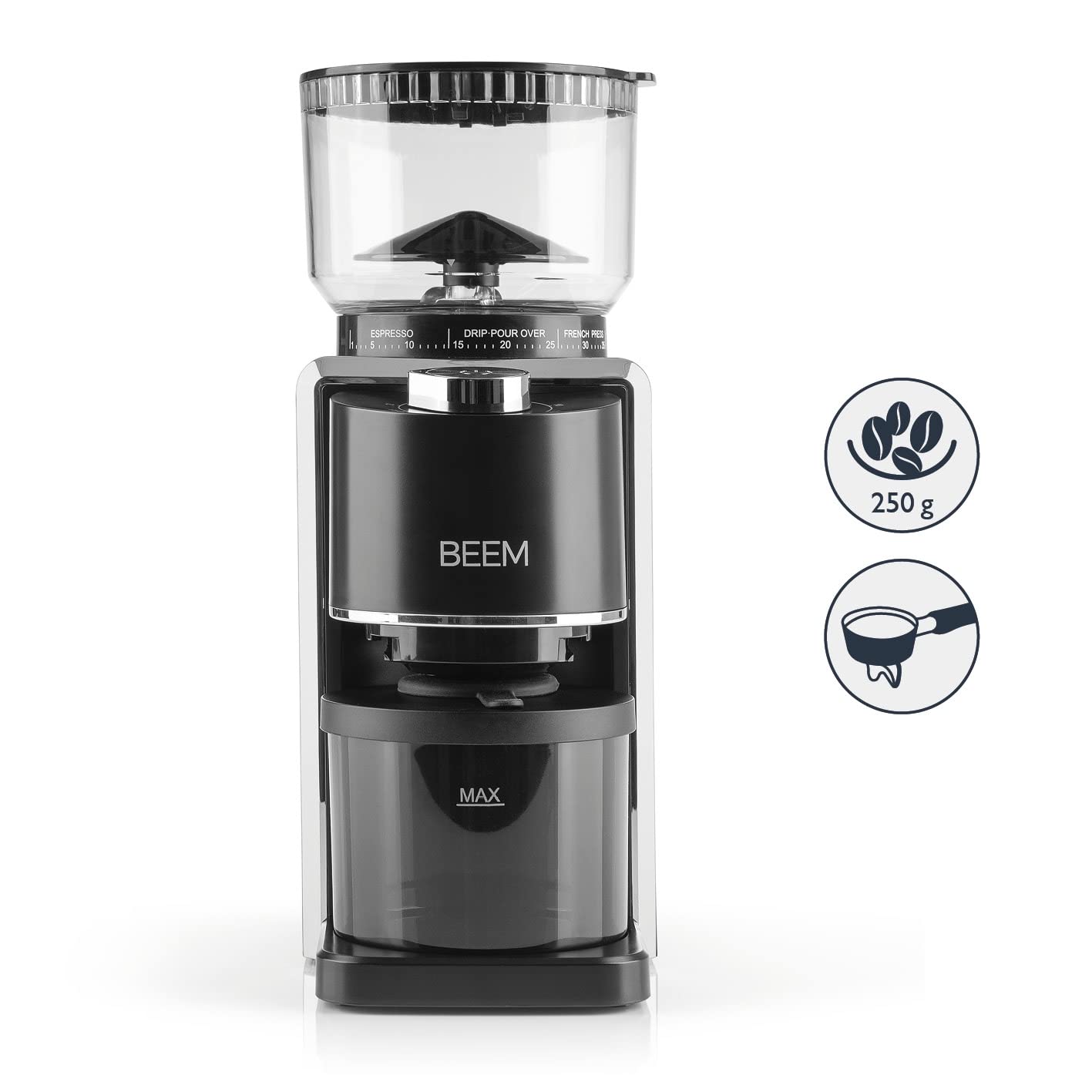 BEEM GRIND-PERFECT Elektryczny młynek do kawy, 250 g, 35-stopniowa regulacja stopnia mielenia, mielenie stożkowe, dozowanie regulowane pokrętłem (2-12 filiżanek), bezpośrednio w uchwycie sitowym o