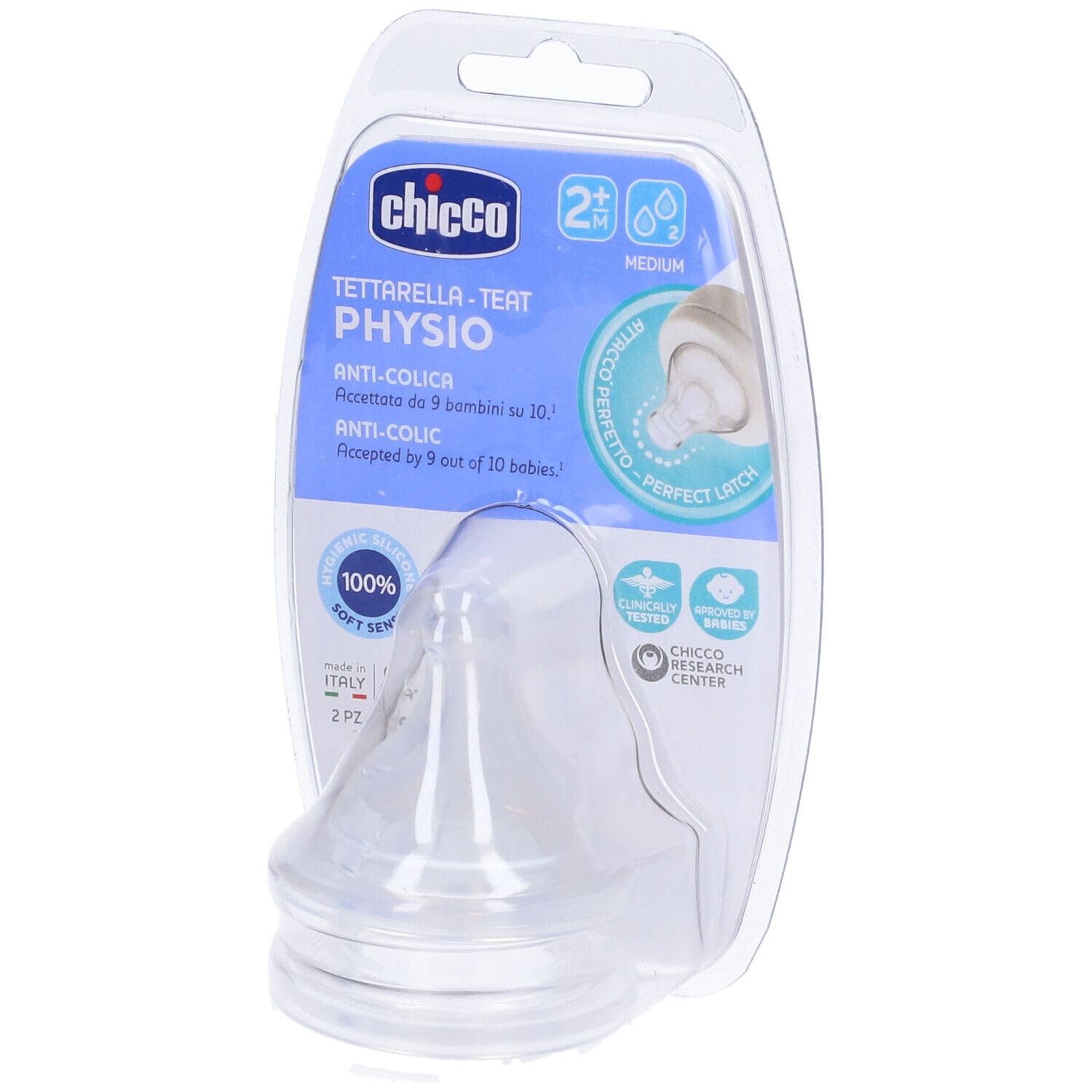 Chicco Tettarella Compatibile con Biberon Perfect 5, Benessere e Original Touch, 2+ Mesi, Anticolica,Tettarella Flusso Medio, per i Primi Mesi dei Bambini, in Silicone Soft Sense,Trasparente, 2 Pezzi