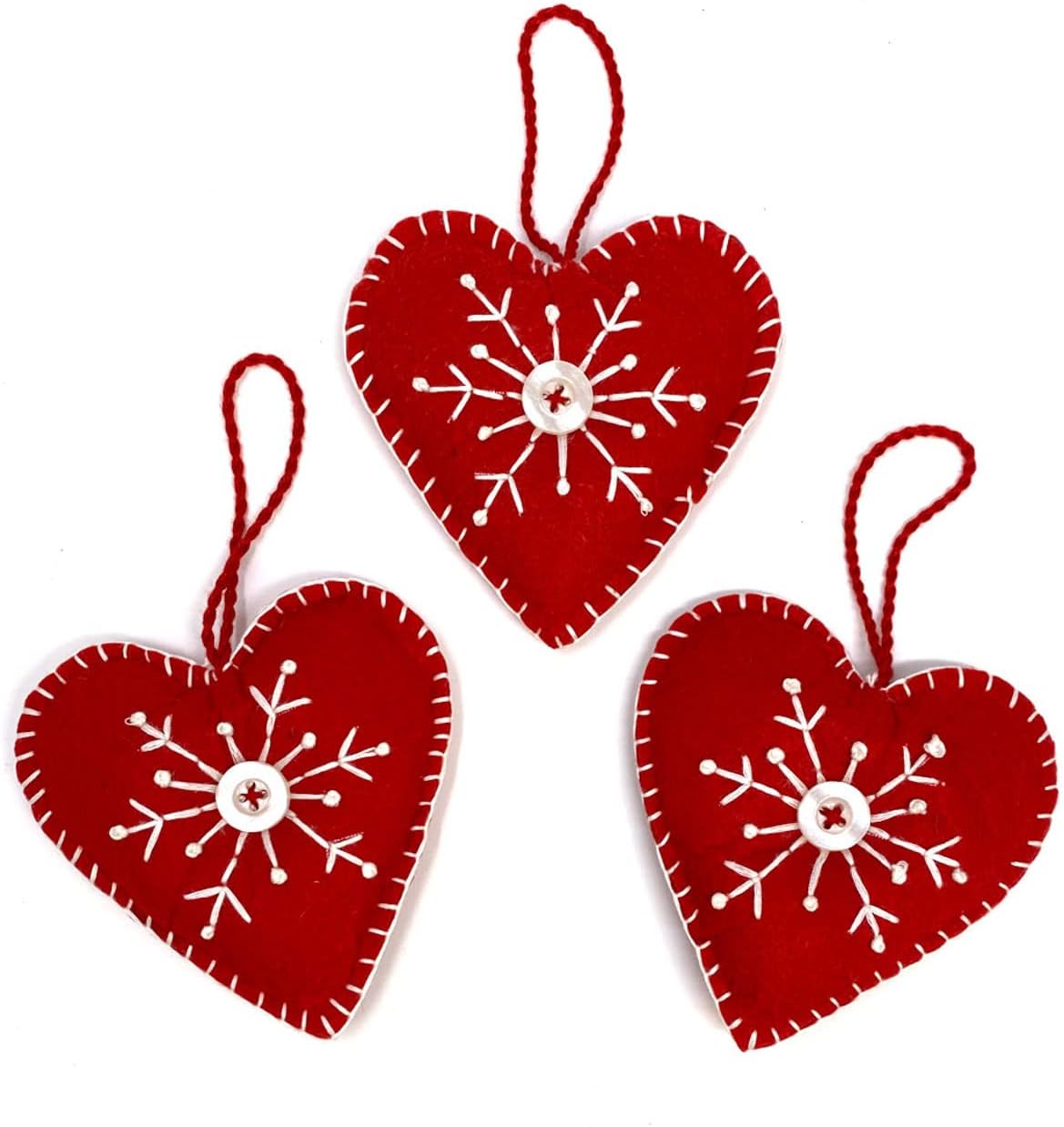 Set of 3 Red Felt Fabric Heart Scandinavian Nordic