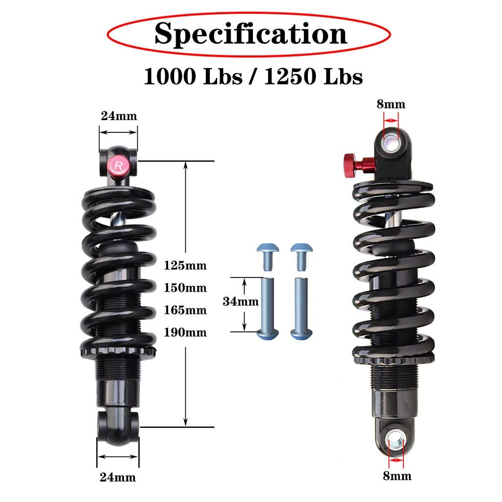 Amortiguador Trasero para Bicicleta eléctrica de montaña XC Soft Tail MTB de 125 mm/150 mm/165 mm/190 mm, amortiguación Ajustable de 1000 LB