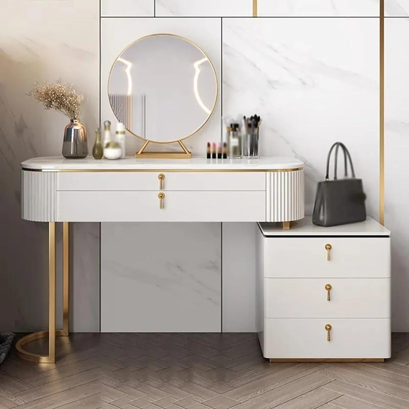 Pewter Modern 5-Drawer White Makeup Vanity Table Mirror & Side Cabinet Included Engineered Wood Dressing Table (Finish Color - White, DIY(Do-It-Yourself))-image-2