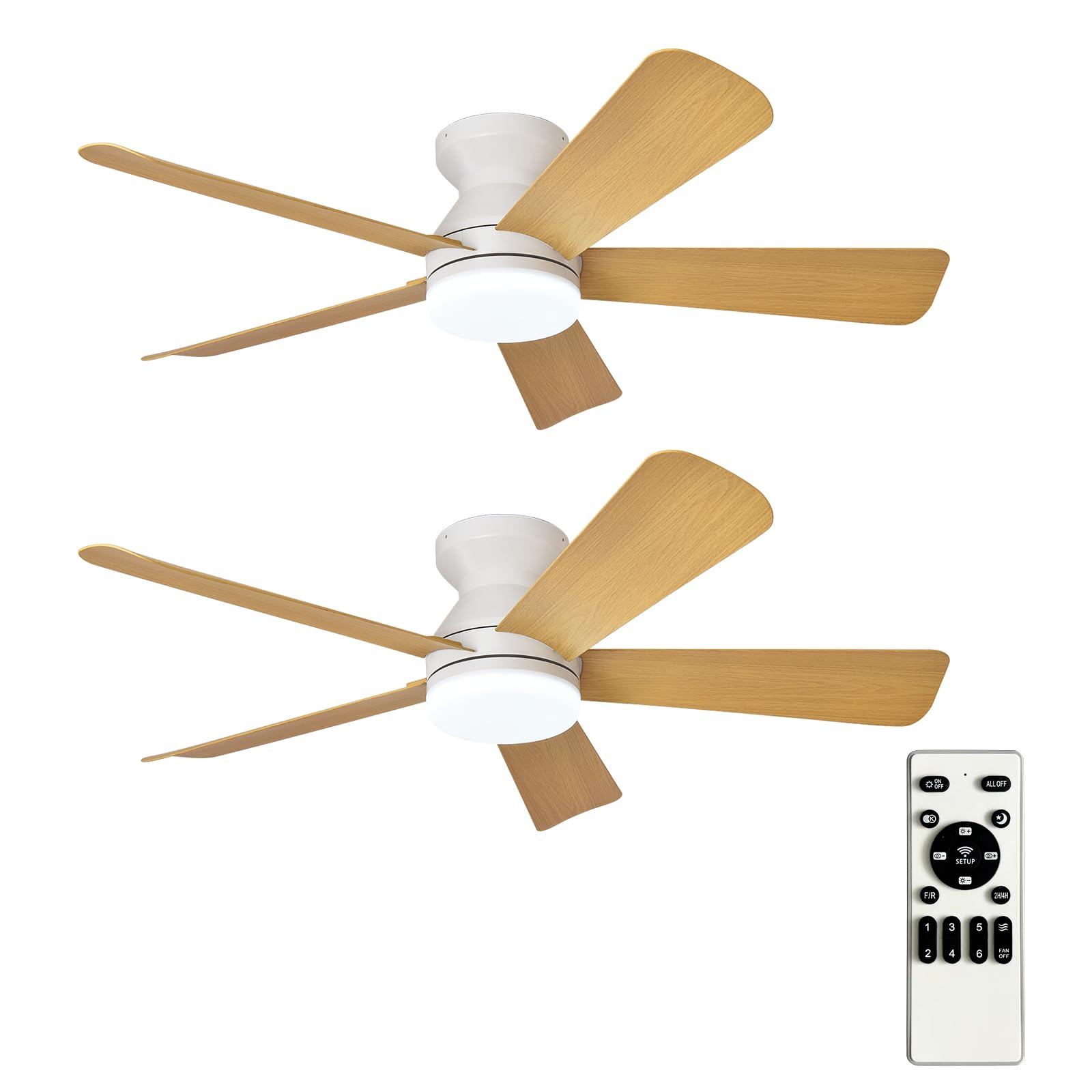 Depuley 42-Inch Ceiling Fans with Lights: Indoor/Outdoor Flush Mount Ceiling Fan with Remote Control - Wood 5 Blade Low Profile Fandelier for Kitchen Gazebo - Reversible Quiet Timer - 2 Packs